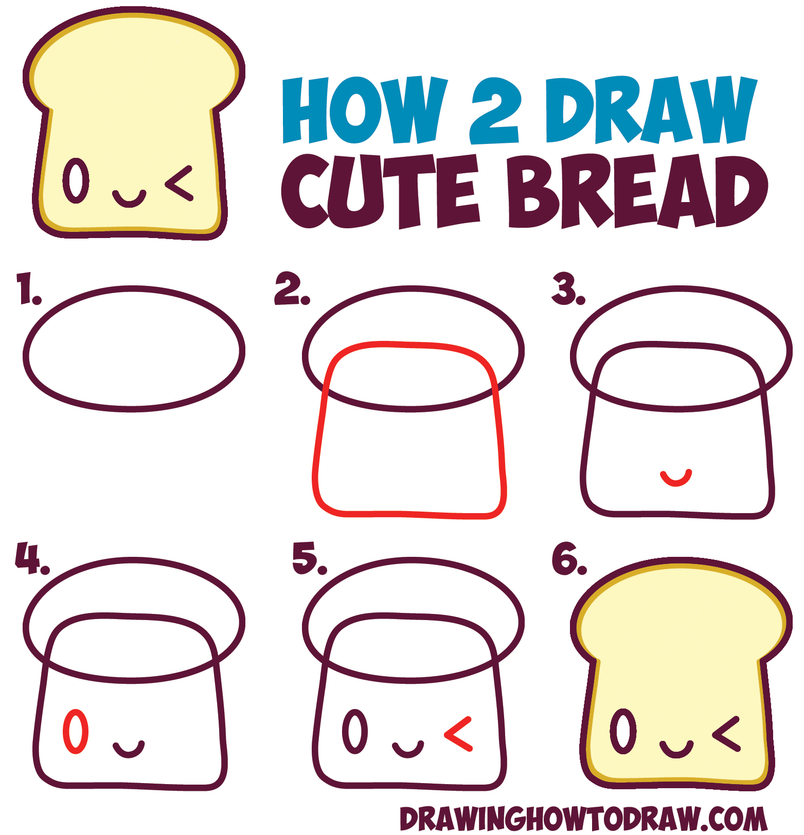 How to Draw Cute Kawaii Bread Slice with Face on It - Easy Step by Step Drawing Tutorial for Kids