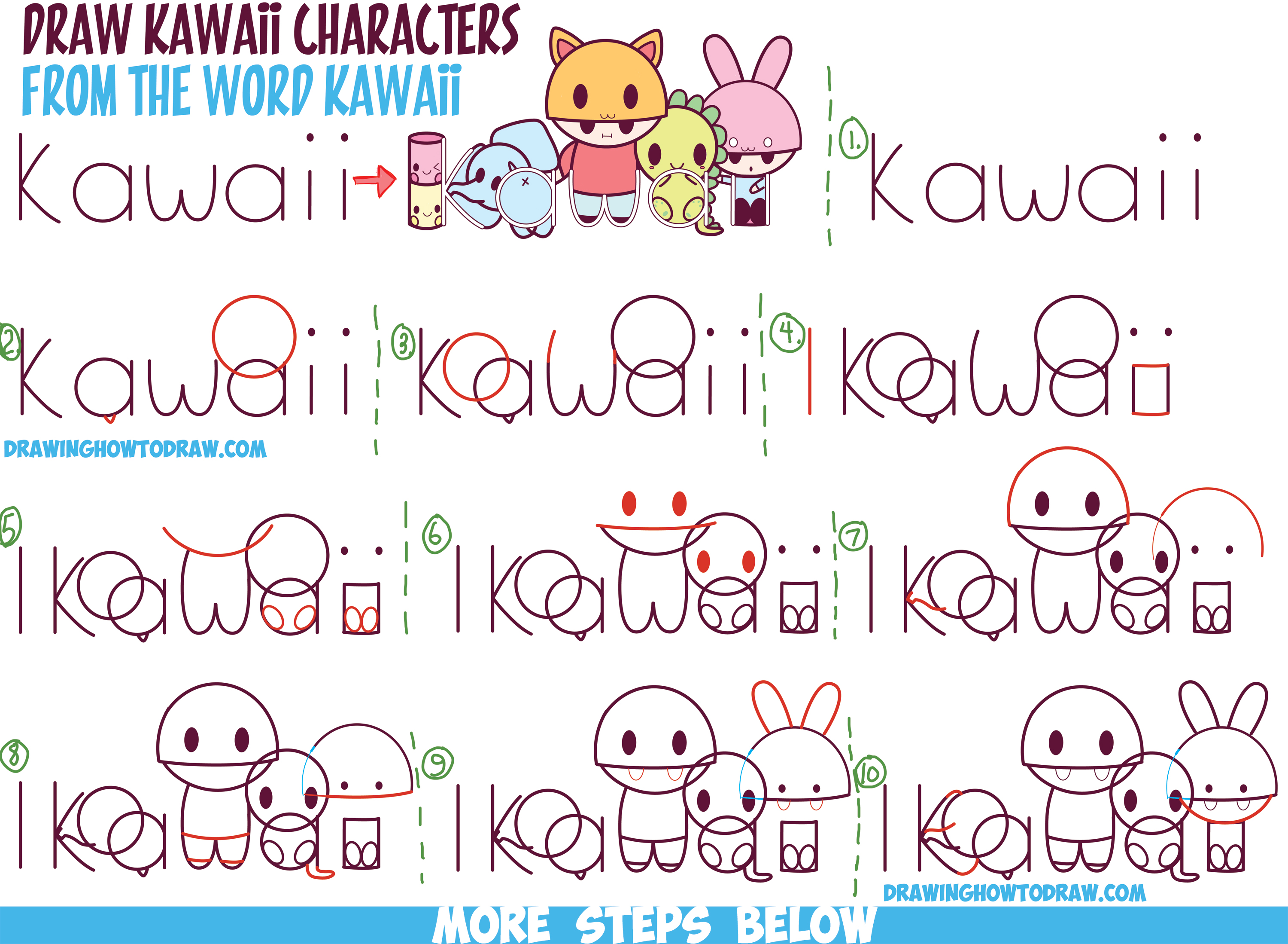 How to Draw Kawaii Characters, Animals, and People from the Word "Kawaii" Easy Step by Step Drawing Tutorial for Kids