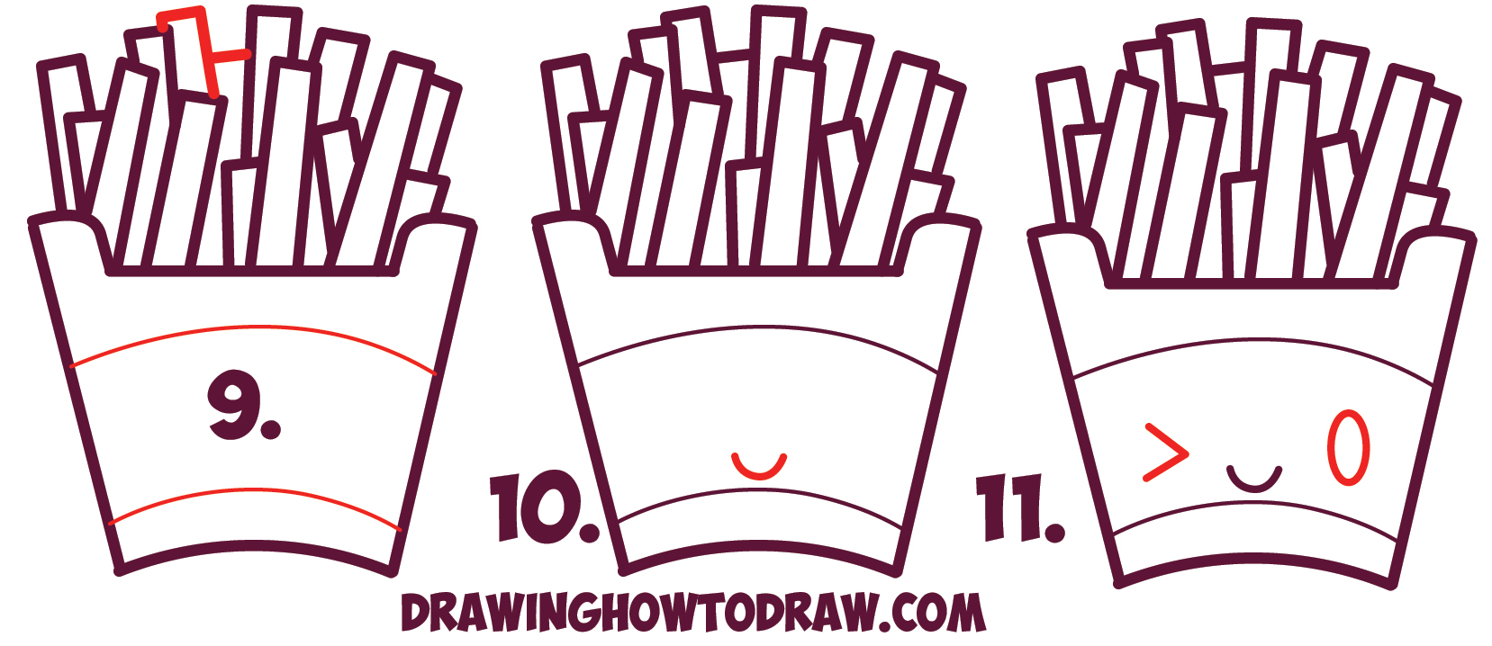 Learn How to Draw Cute Kawaii French Fries with Face on It - Simple Steps Drawing Lesson for Beginners