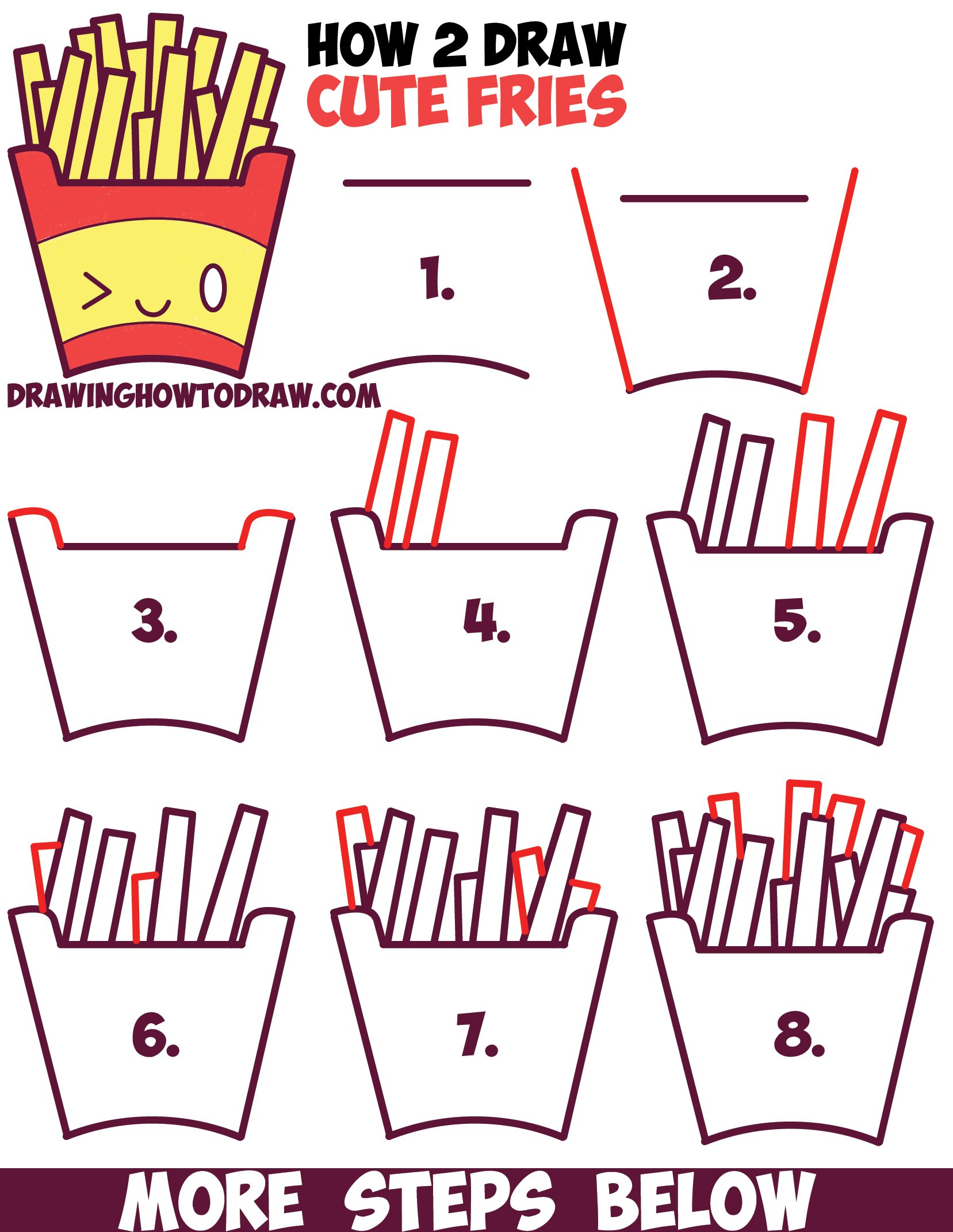 How to Draw Cute Kawaii French Fries with Face on It - Easy Step by Step Drawing Tutorial for Kids