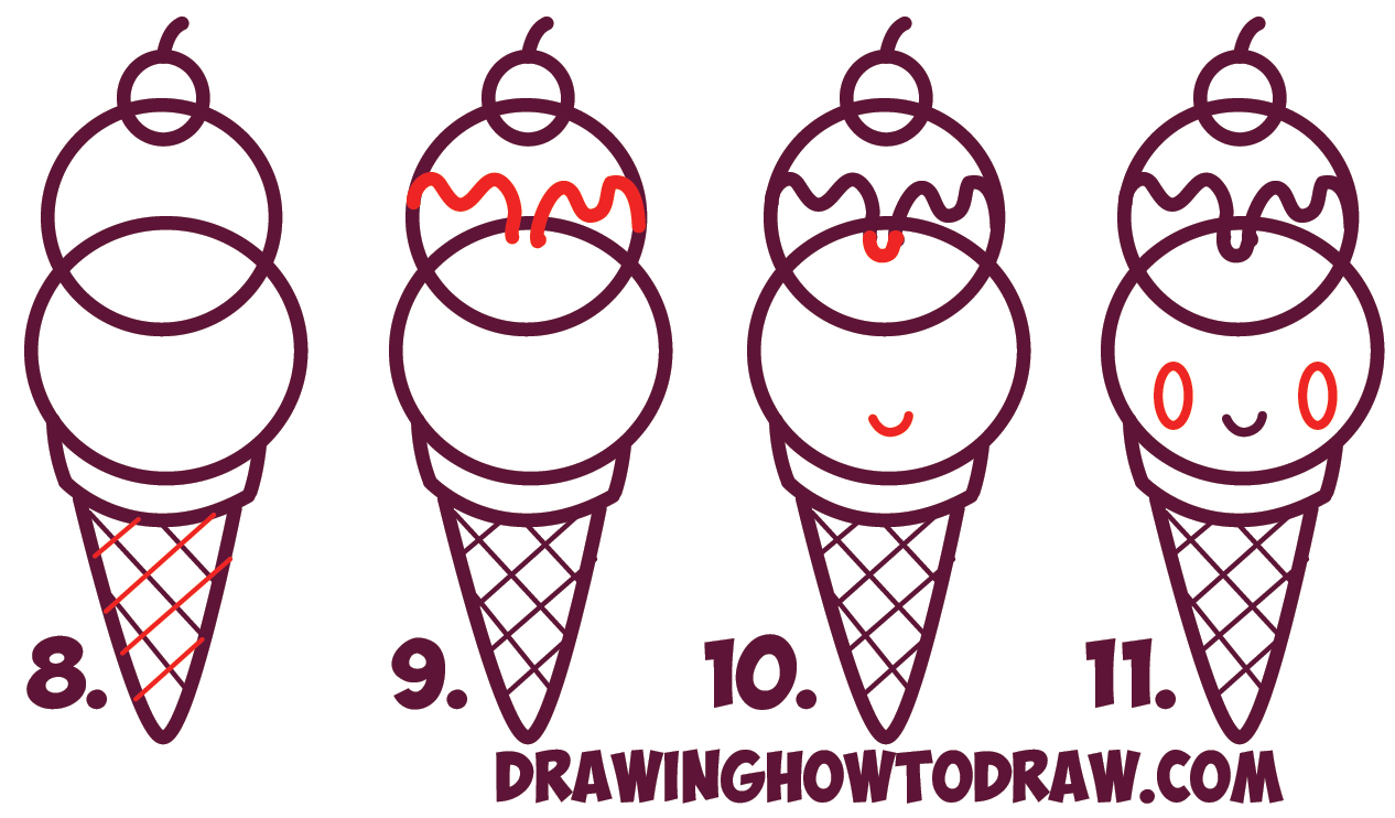 Learn How to Draw Cute Kawaii Ice Cream Sundae Cone with Face on It - Simple Steps Drawing Lesson for Beginners and Kids