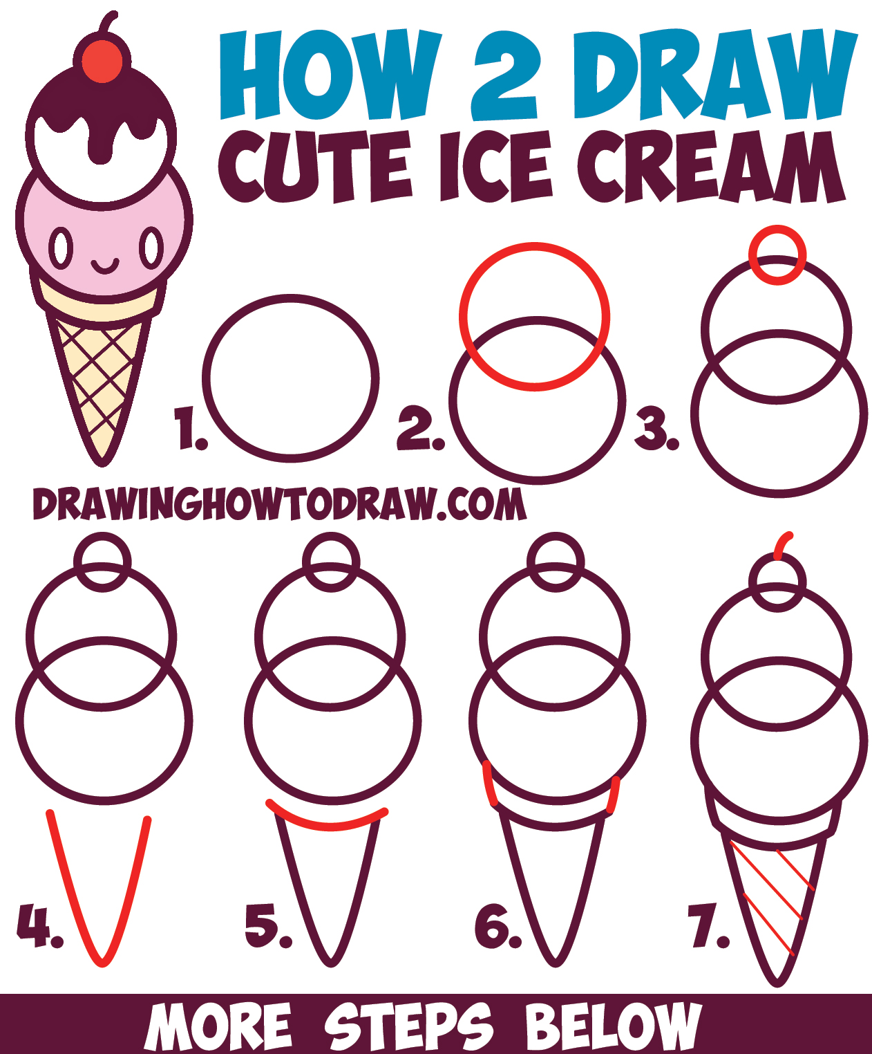 How to Draw Cute Kawaii Ice Cream Cone with Face on It - Easy Step by Step Drawing Tutorial for Kids