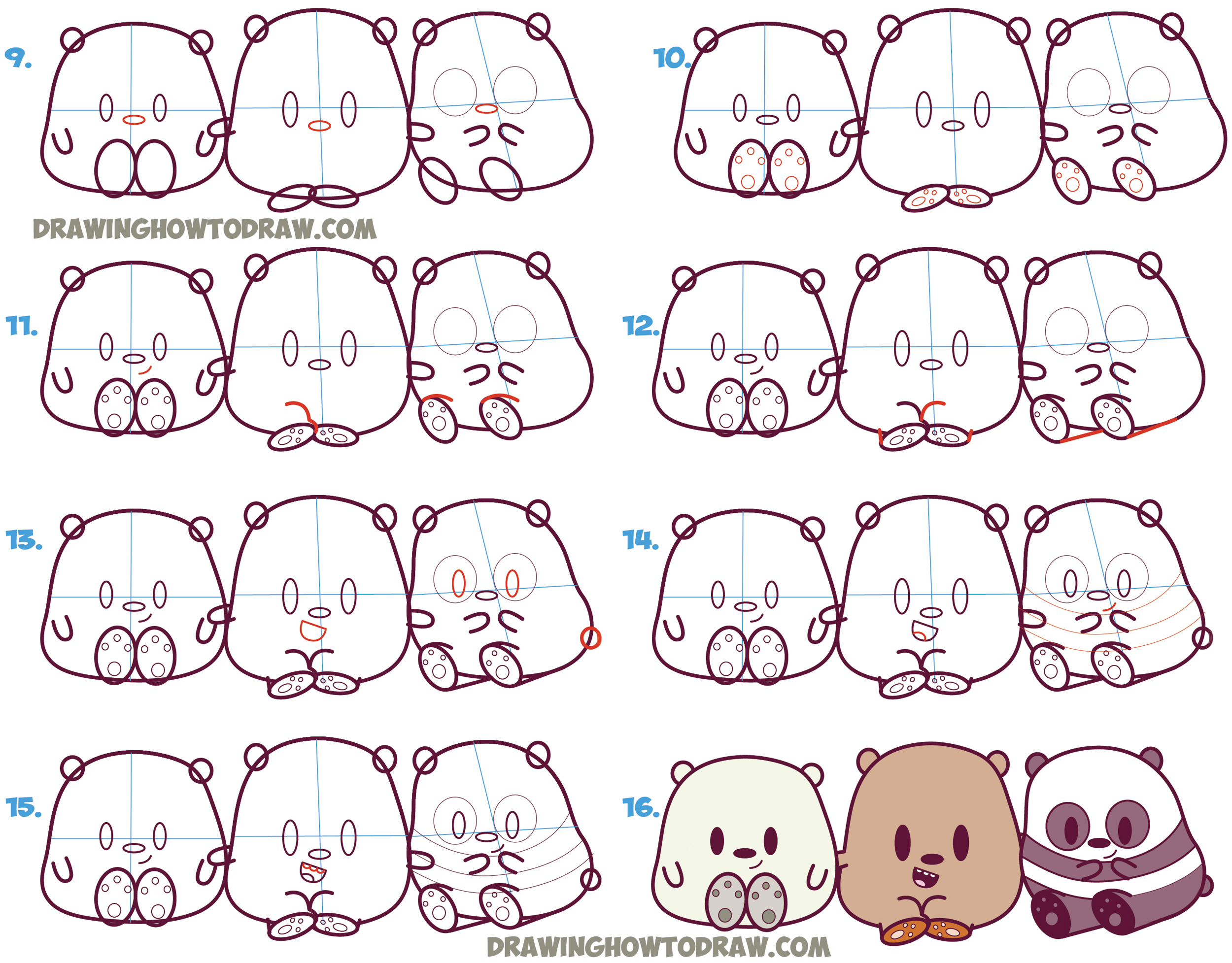Learn How to Draw We Bare Bears (Cute / Kawaii / Chibi / Baby Style) - Grizzly, Panda, and Ice Bear - in Simple Step by Step Drawing Lesson