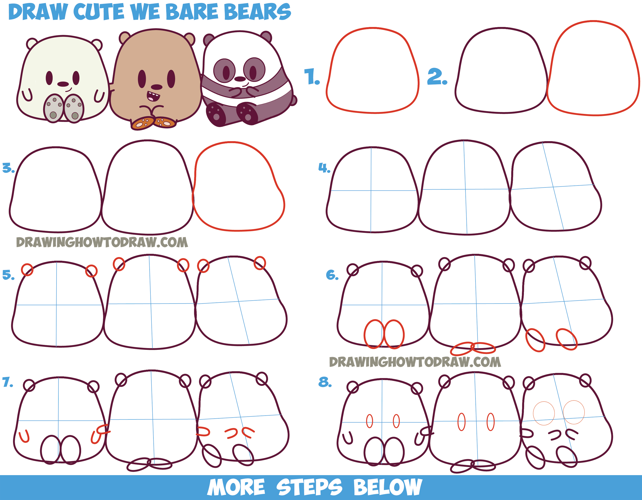 How to Draw We Bare Bears (Cute / Kawaii / Chibi / Baby Style) - Grizzly, Panda, and Ice Bear - in Easy Steps Drawing Tutorial for Kids