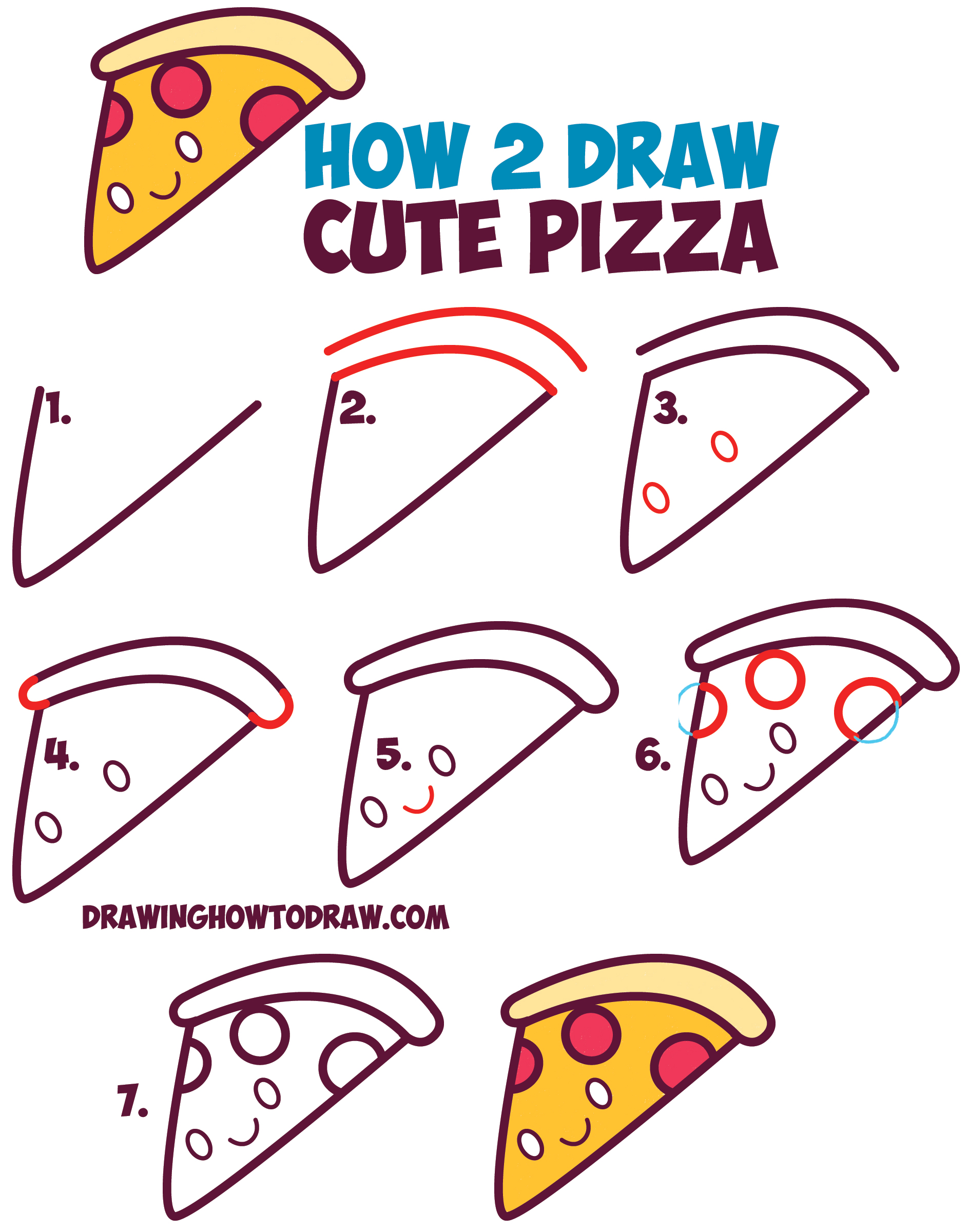 How to Draw Cute Kawaii Pizza Slice with Face on It - Easy Step by Step Drawing Tutorial for Kids