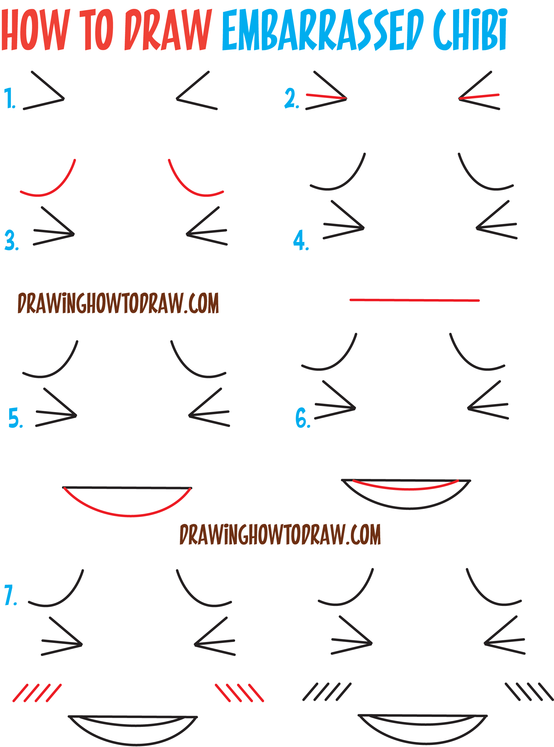 How to Draw Worried / Ashamed / Embarrassed Chibi Expressions and Emotions - Easy Step by Step Drawing Lesson for Beginners