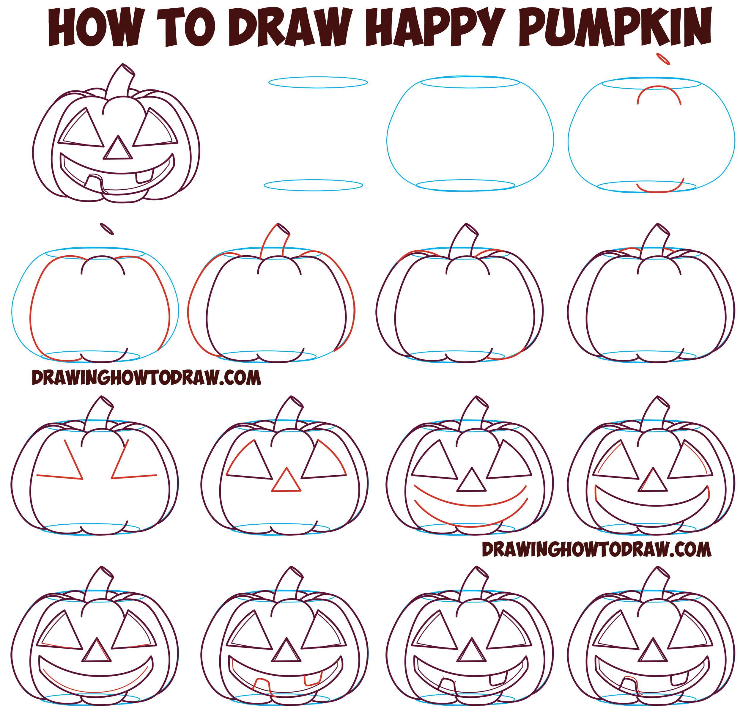 How to Draw Cartoon Pumpkin / Jack O'Lantern : Happy, Smiling with Teeth