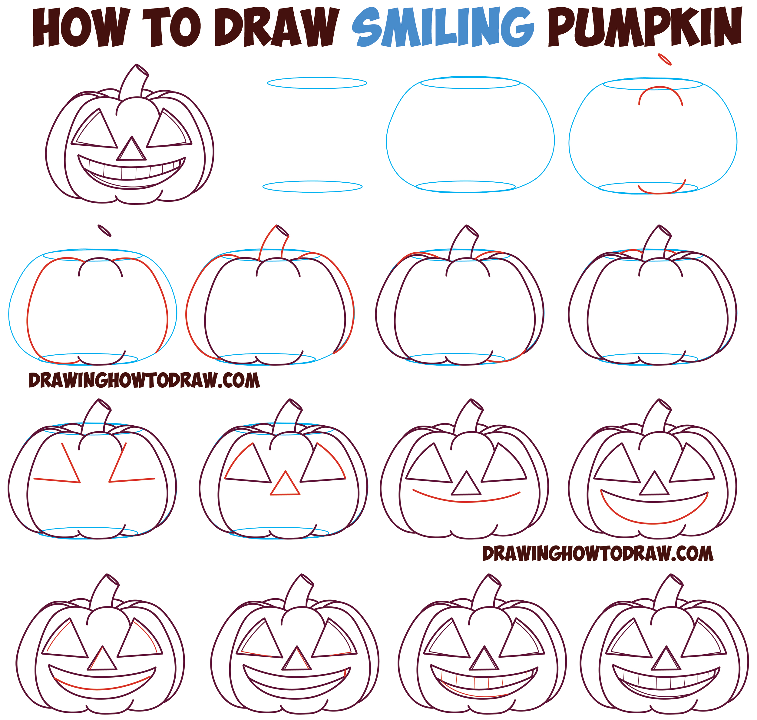 How to Draw Cartoon Pumpkin / Jack O'Lantern : Happy, Grinning with Full Mouth of Teeth