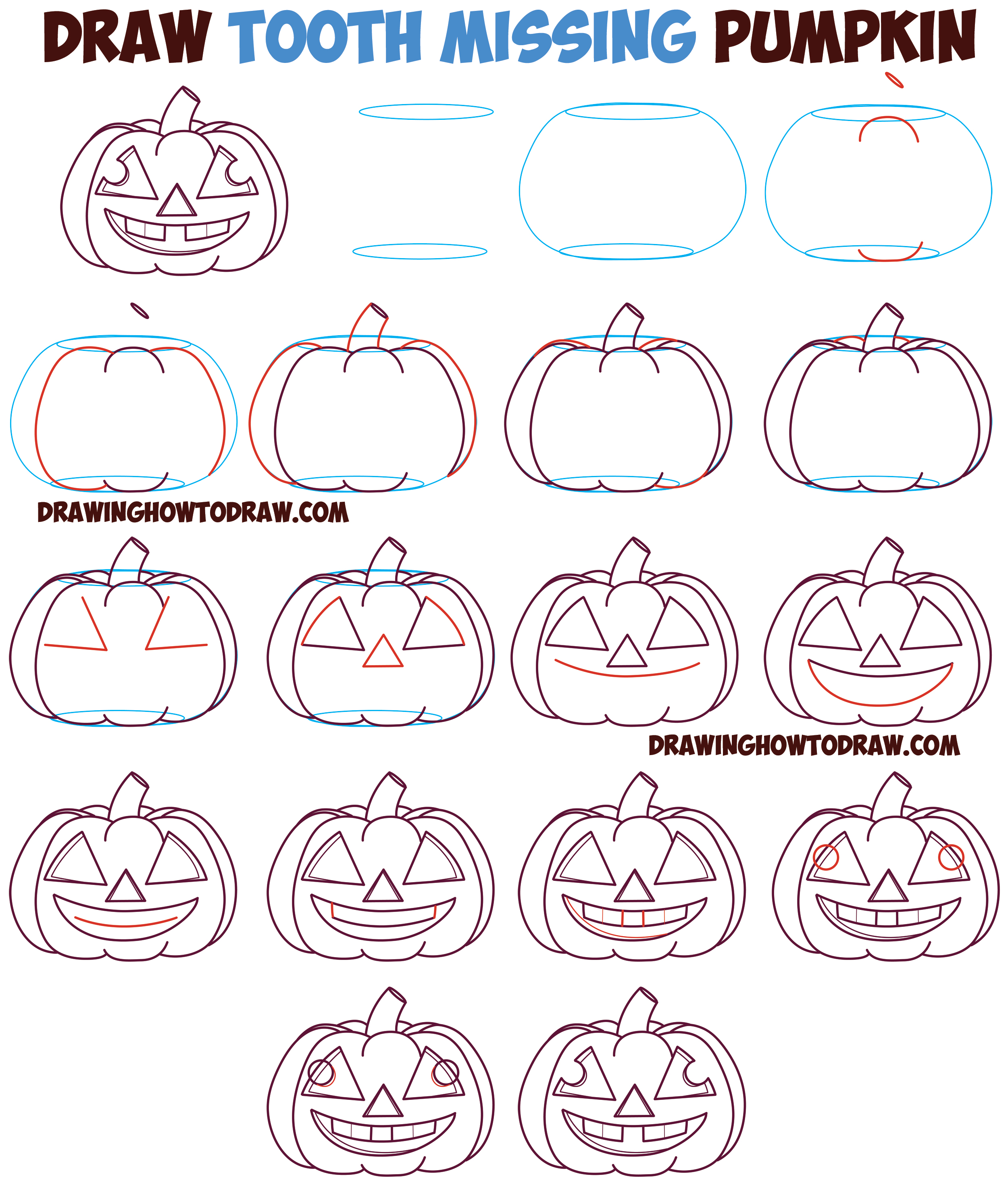 How to Draw Cartoon Pumpkin / Jack O'Lantern : Happy, Smiling with Tooth Missing and Crazy Eyes