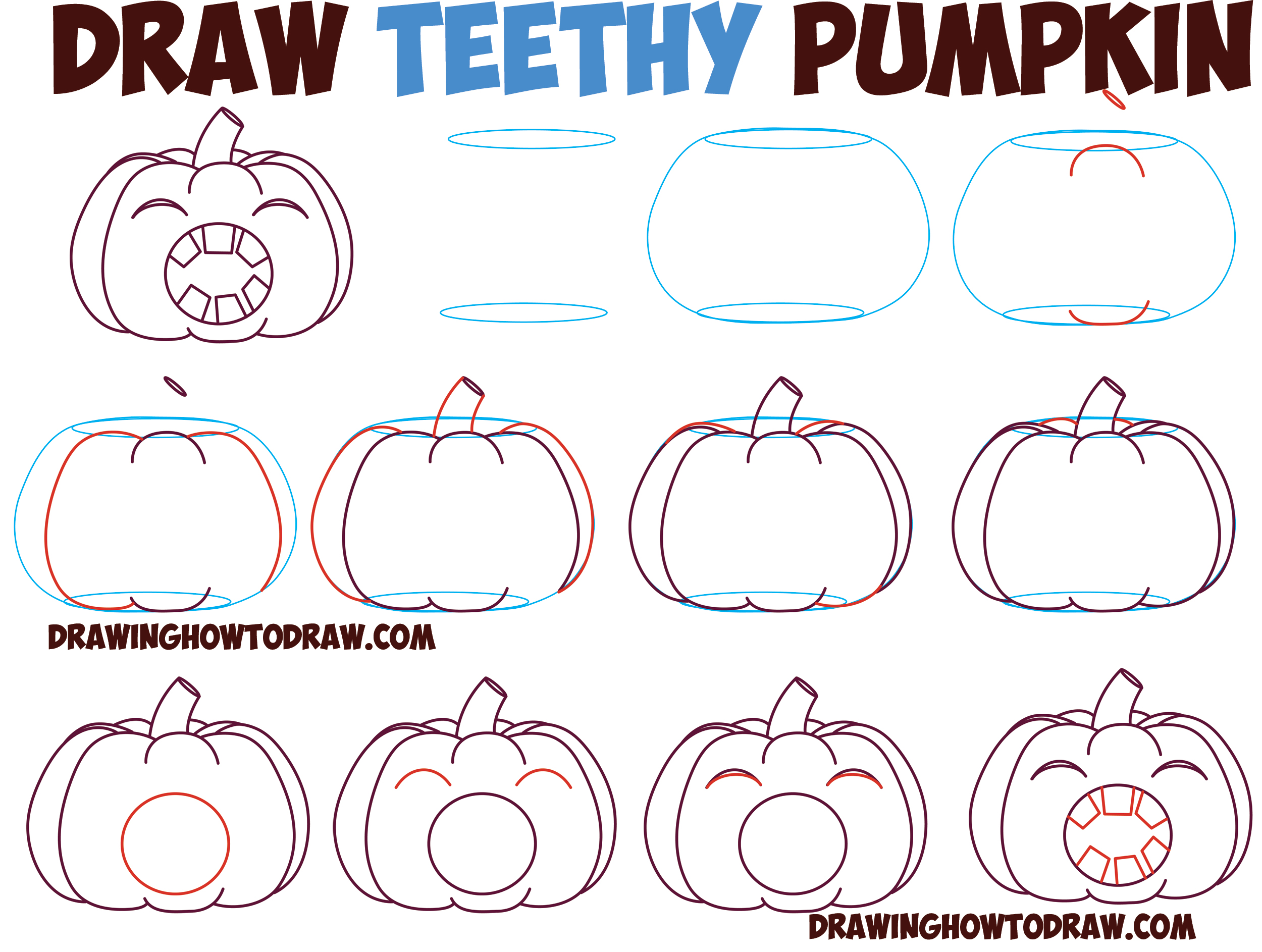 How to Draw Cartoon Pumpkin / Jack O'Lantern : Mouth Wide Open Full of Teeth