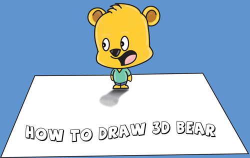How to Draw 3D Cartoon Bear Standing on Top of Piece of Paper Optical Illusion - Easy Step by Step Drawing Tutorial for Kids and Beginners