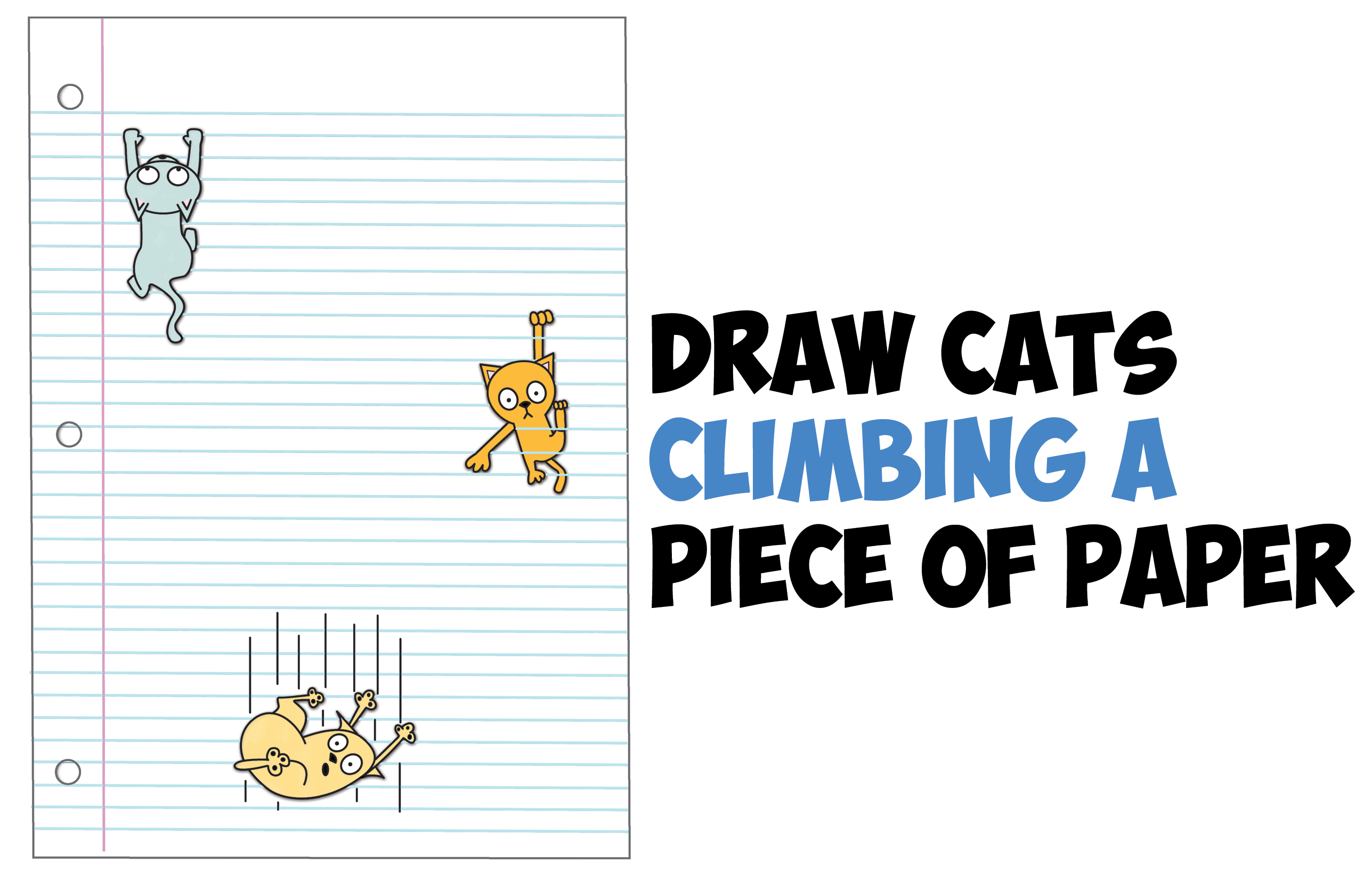 How to Draw Cartoon Cats Climbing Lined Paper 3D Optical Illusion Step by Step Drawing Tutorial for Kids