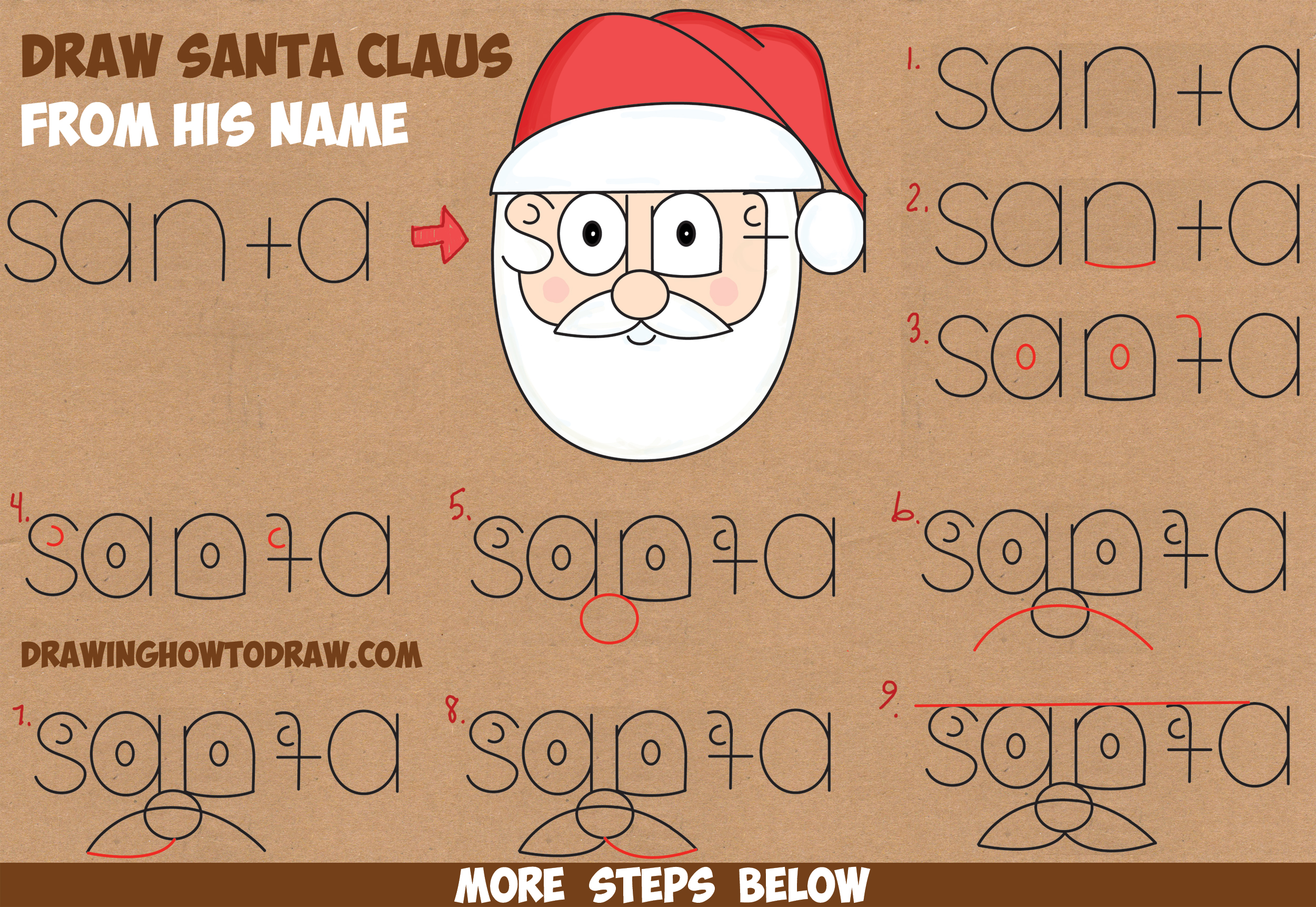How to Draw Santa Clause from His Name Word Cartoon / Toon Easy Step by Step Drawing Tutorial for Kids on Christmas