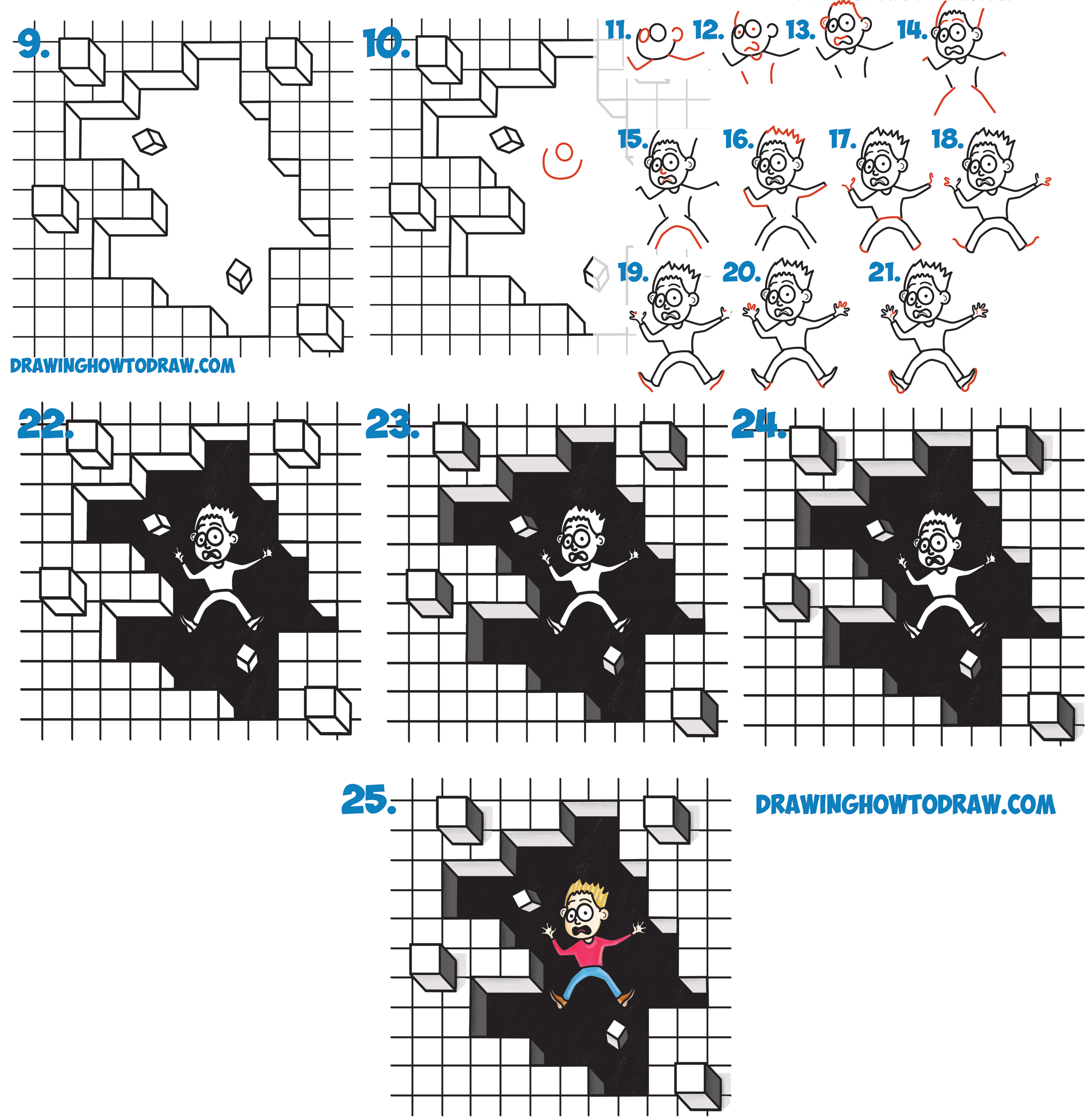 Learn How to Draw Cool Things : Draw an Opening in Grid Paper with Cubes Floating Away and Cartoon Boy Falling into Space Through Simple Steps Drawing Lesson for Beginners
