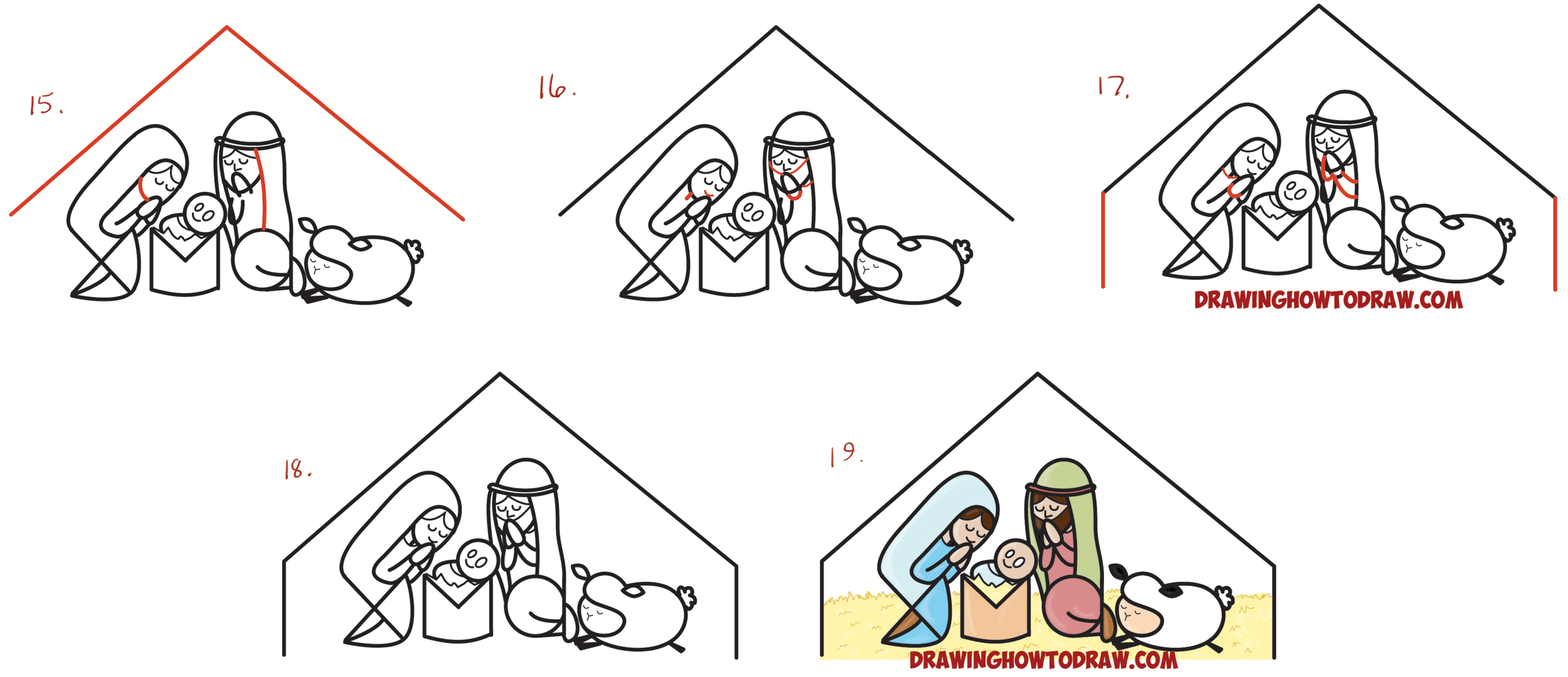 Learn How to Draw Cartoon Nativity Scene with Mary, Jesus, and Joseph in a Manger : Xmas Word Toon Simple Steps Drawing Lesson for Kids