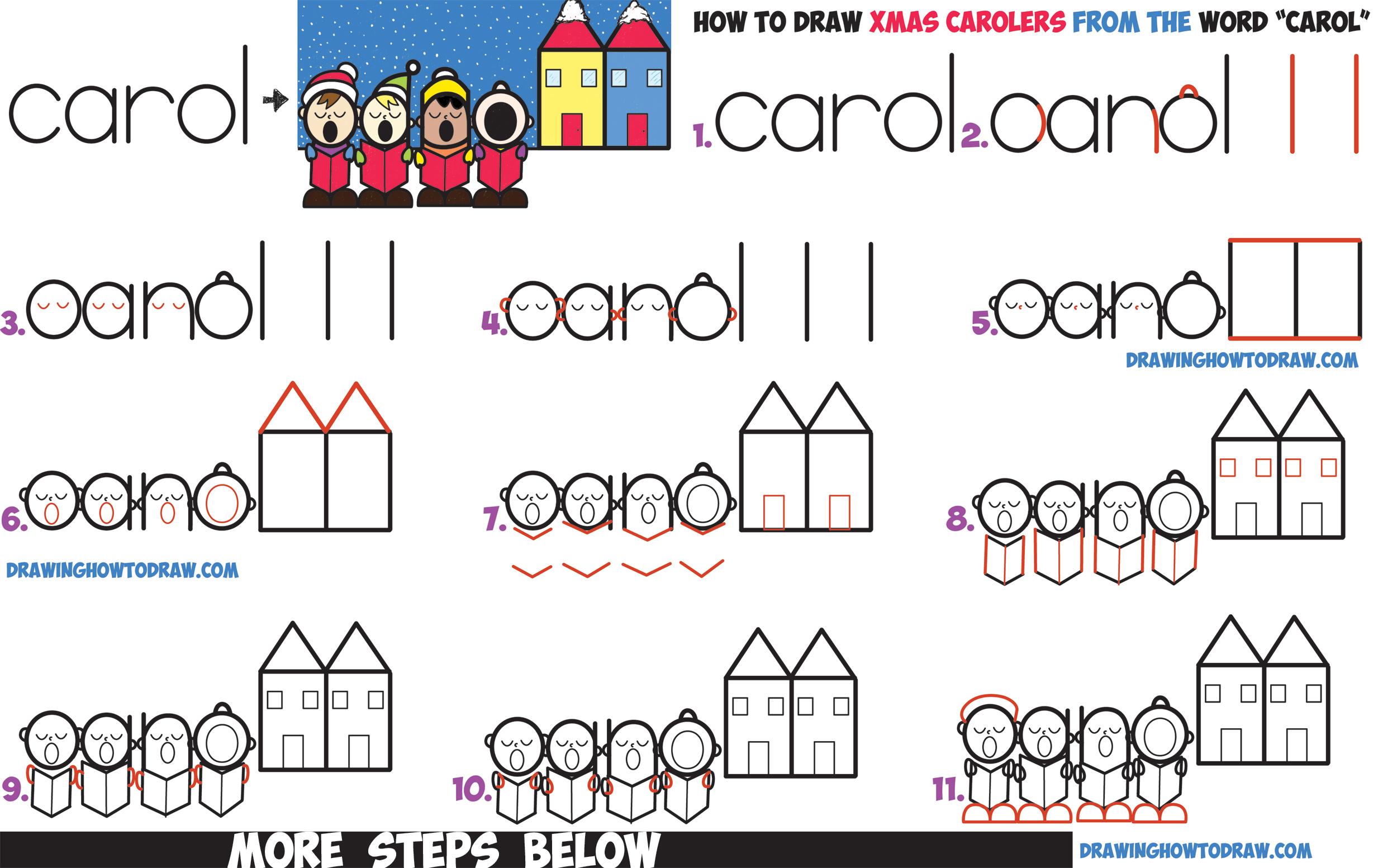 How to Draw Cute Cartoon Christmas Carolers Singing Word Cartoon Easy Step by Step Drawing Tutorial for Kids