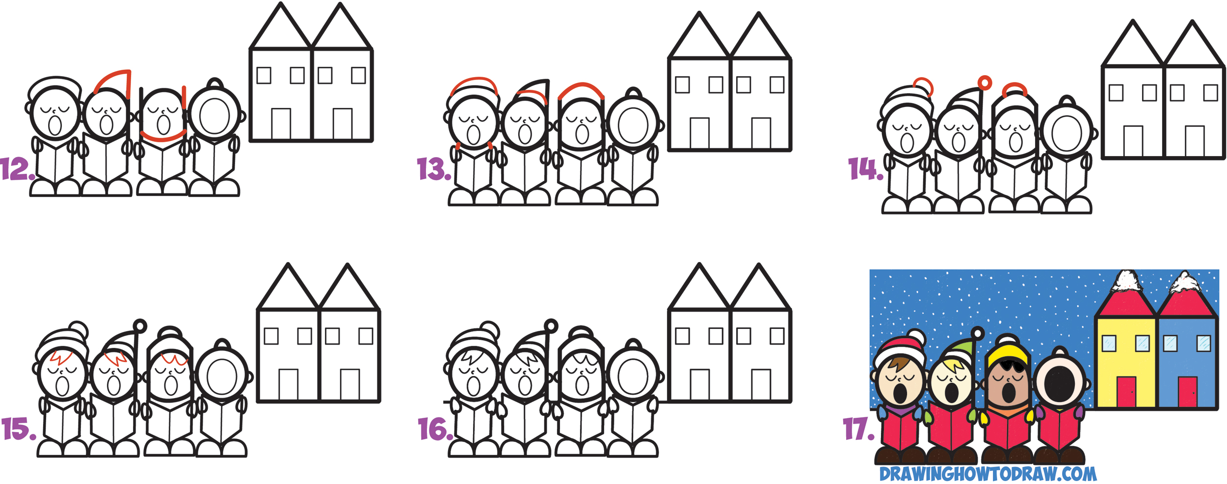 Learn How to Draw Cute Cartoon Christmas Carolers Singing Word Cartoon Simple Steps Drawing Lesson for Kids and Beginners