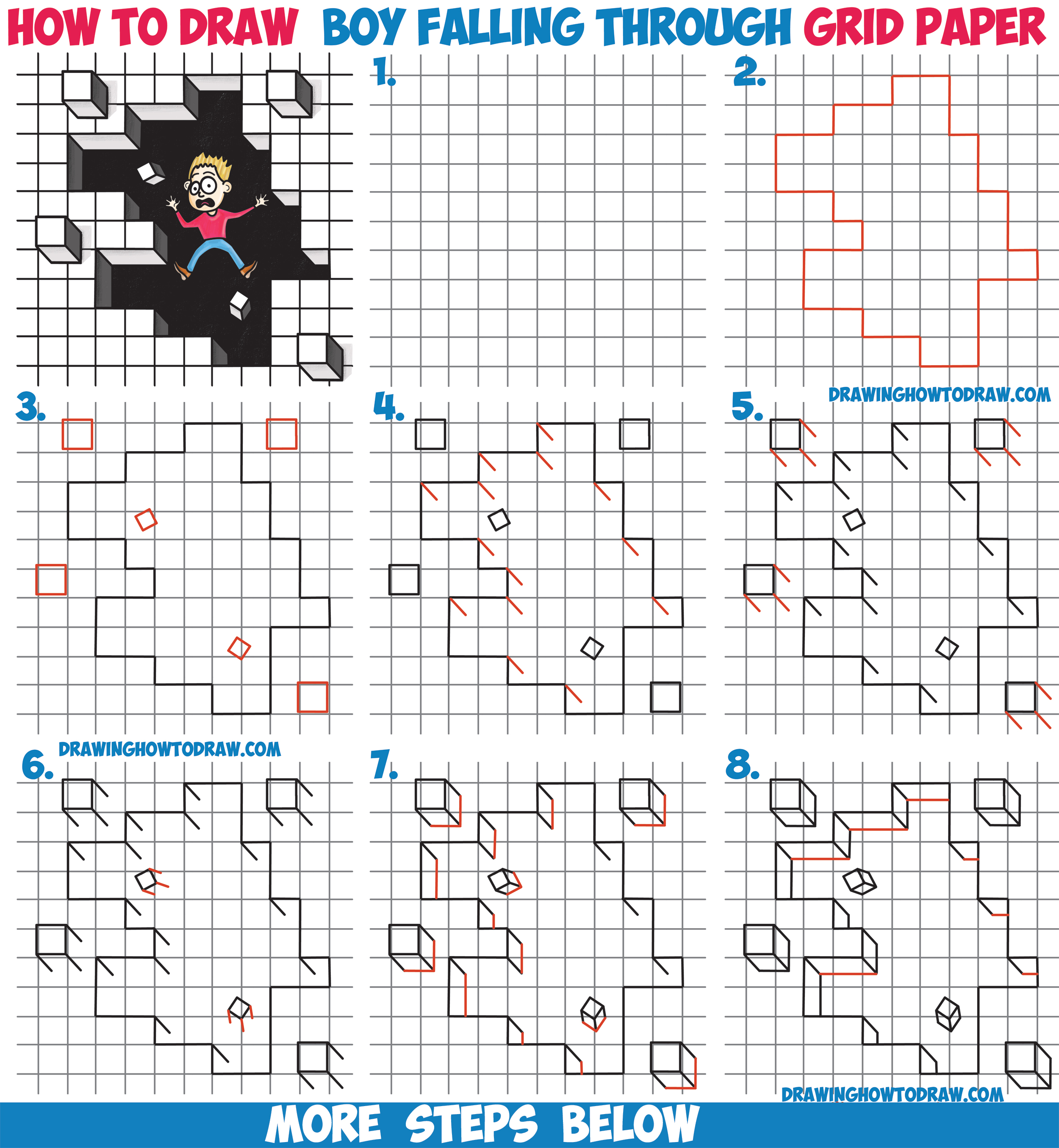How to Draw Cool Stuff : Draw a Hole in Grid Paper with Cubes Floating Off and Cartoon Boy Falling Through Easy Step by Step Drawing Tutorial for Kids