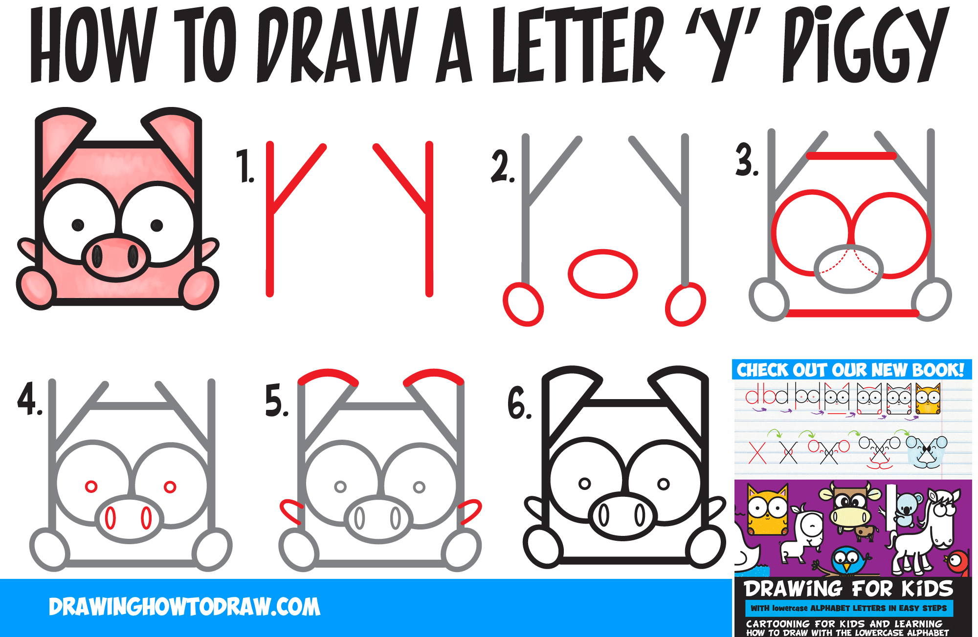 How to Draw a Cute Kawaii Cartoon Pig from Letter 'Y' Shapes - Easy Step by Step Drawing Tutorial for Kids