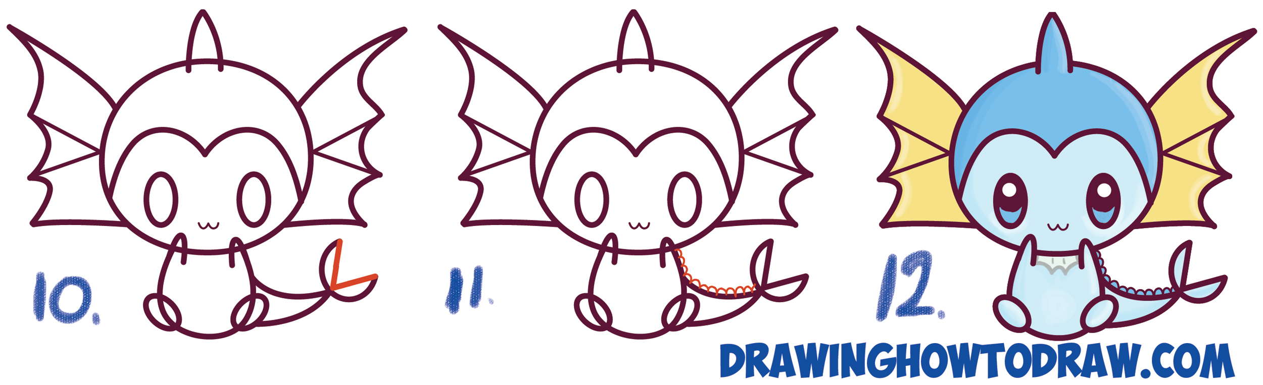 Learn How to Draw Cute Kawaii Chibi Vaporeon from Pokemon Simple Steps Drawing Tutorial for Kids