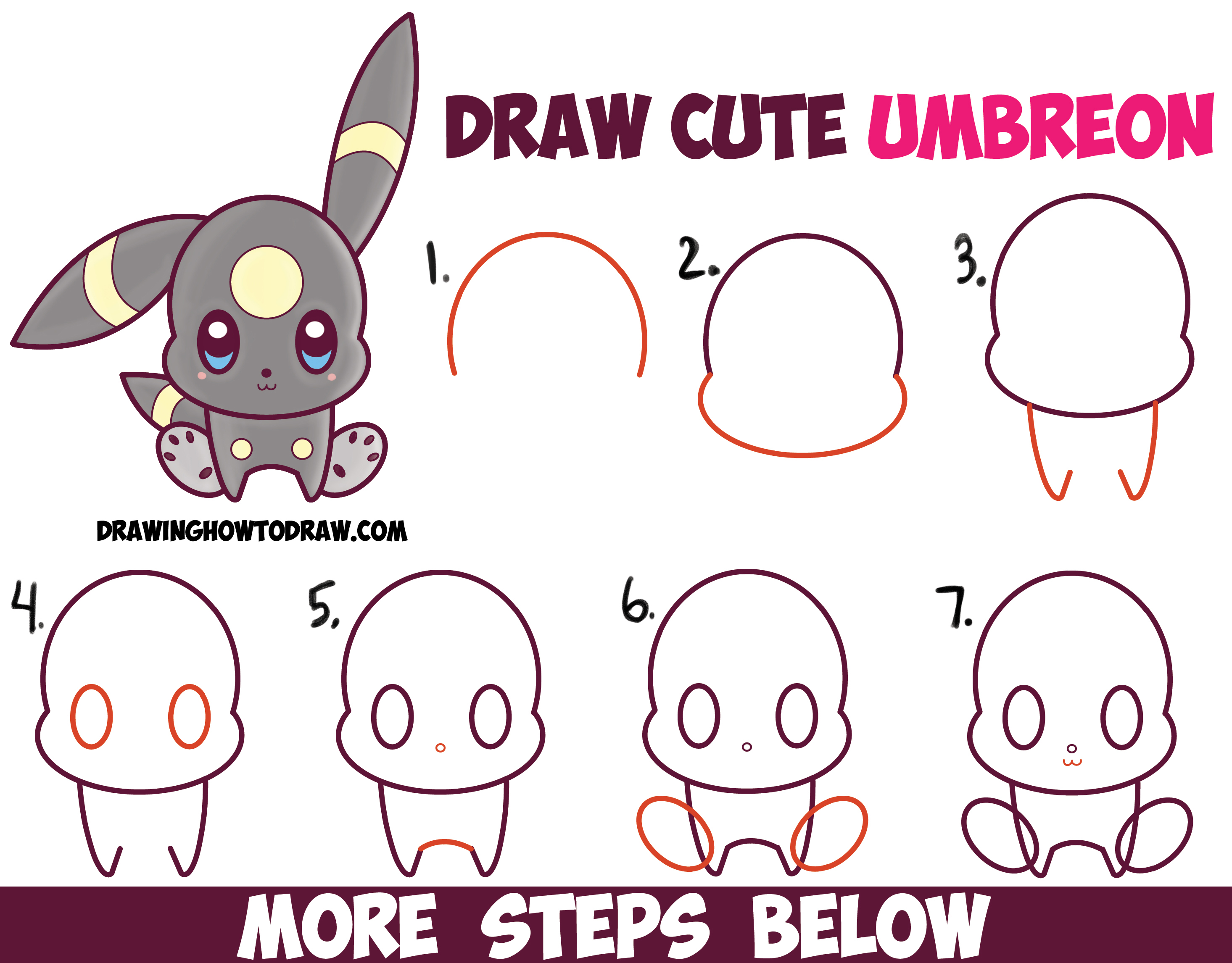 How to Draw Cute Kawaii Chibi Umbreon from Pokemon Easy Step by Step Drawing Tutorial for Kids
