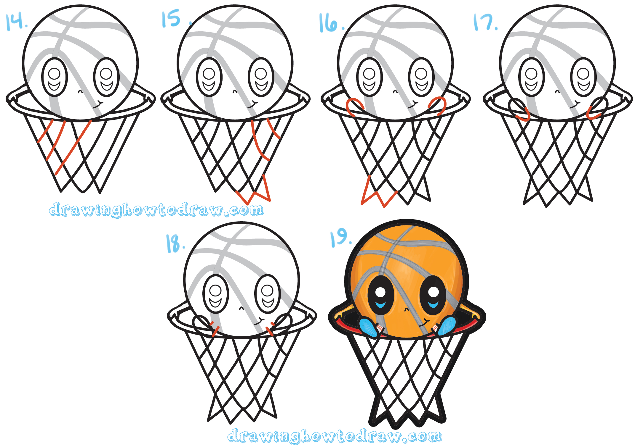 Learn How to Draw a Cartoon Basketball Character (Cute Kawaii Chibi Style) in Simple Steps Drawing Lesson for Beginners and Children