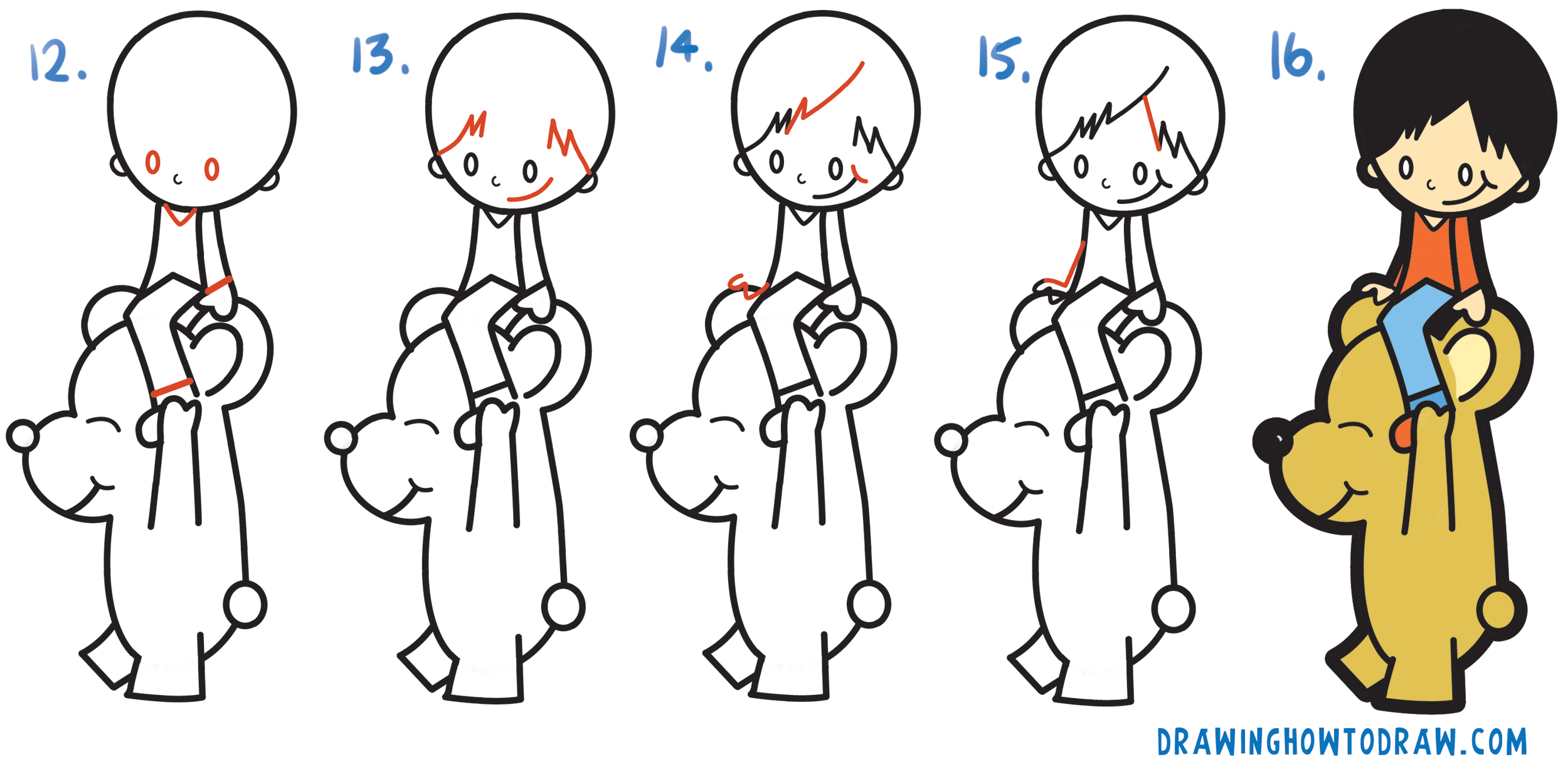 Learn How to Draw a Cartoon Boy Riding a Cartoon Bear from a Question Mark Simple Steps Drawing Lesson for Children and Beginners