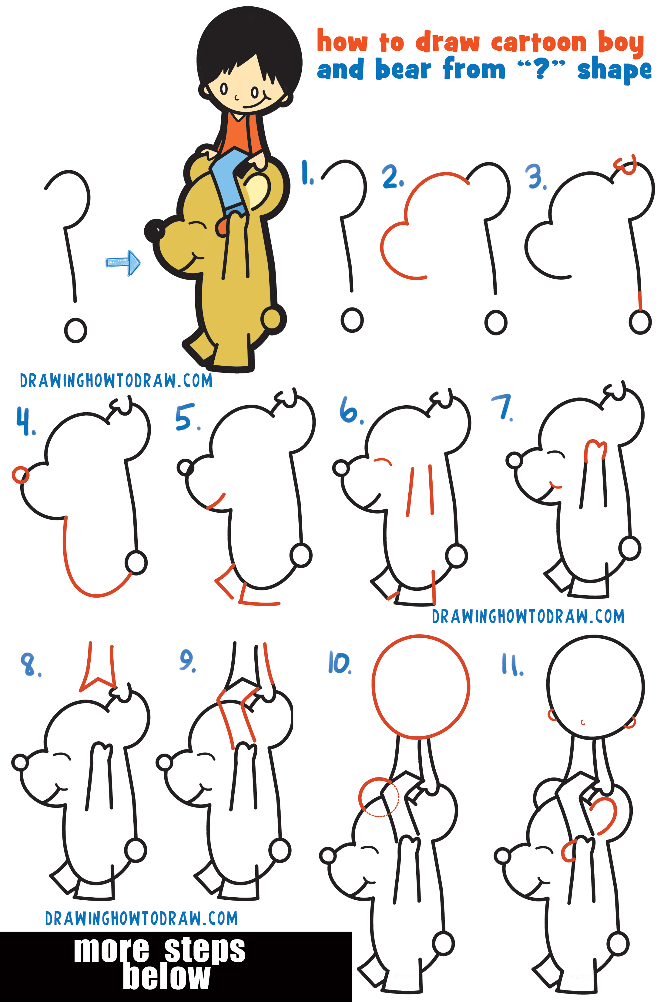 How to Draw a Cartoon Boy Riding a Cartoon Bear from a Question Mark Easy Step by Step Drawing Tutorial for Kids