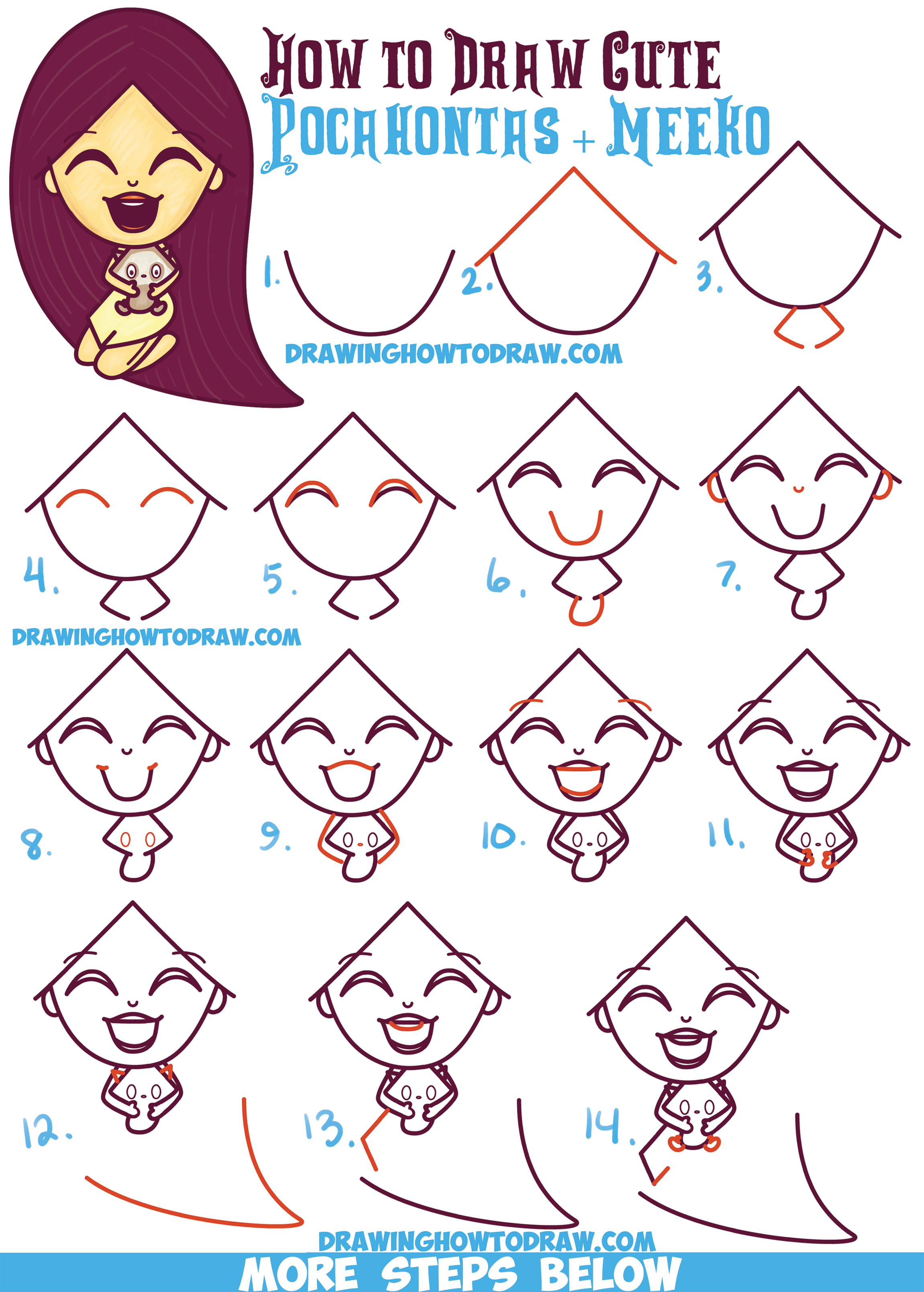 How to Draw a Cute Kawaii / Chibi Pocahontas and Meeko Easy Step by Step Drawing Tutorial for Kids and Beginners