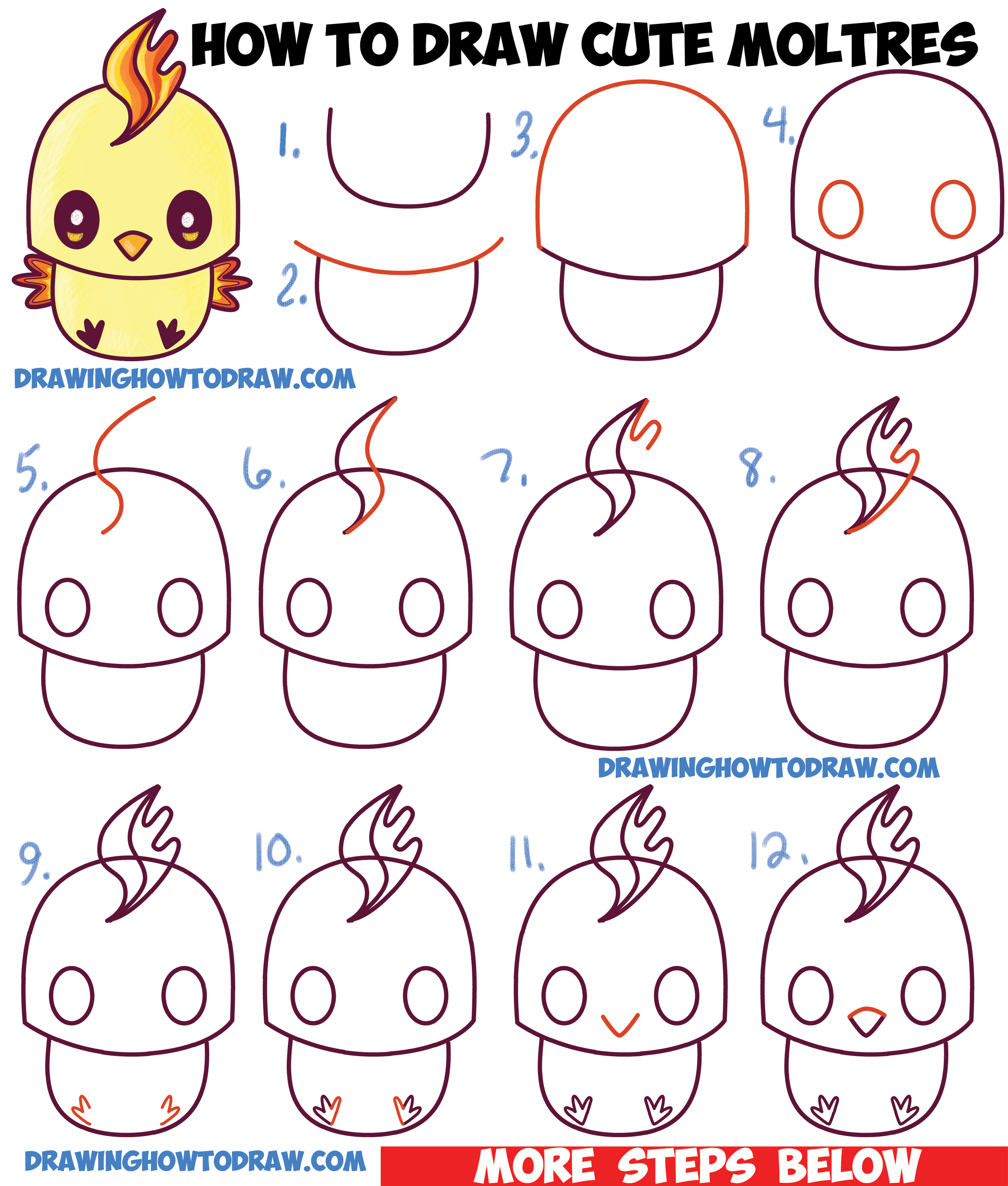 How to Draw Cute / Kawaii / Chibi Moltres from Pokemon in Easy Step by Step Drawing Tutorial for Kids
