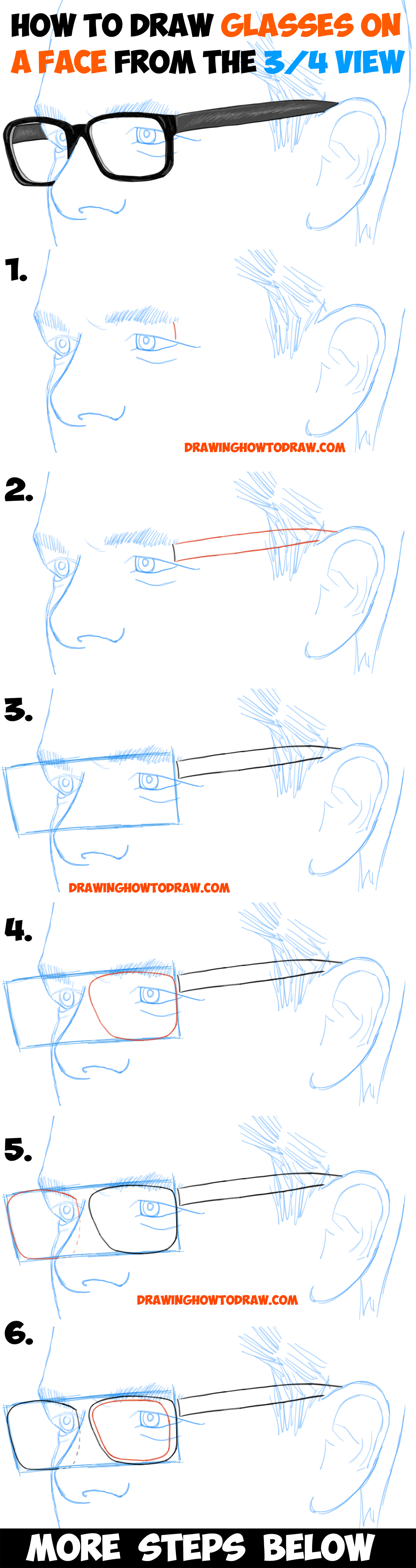 Learn How to Draw Glasses on a Man's Face from the 3/4 View (Three Quarters Angle)