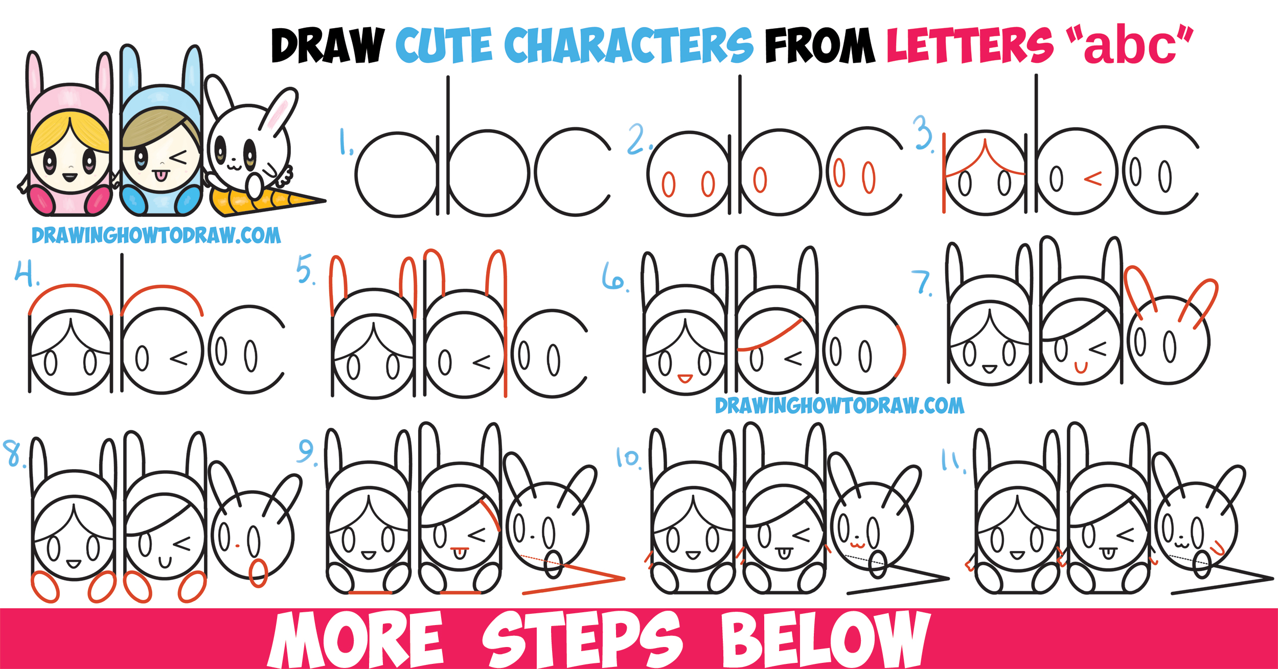 How to Draw Cute Kawaii / Chibi Characters in Bunny Hats and a Bunny from Letters "abc" Easy Steps Drawing Lesson for Kids
