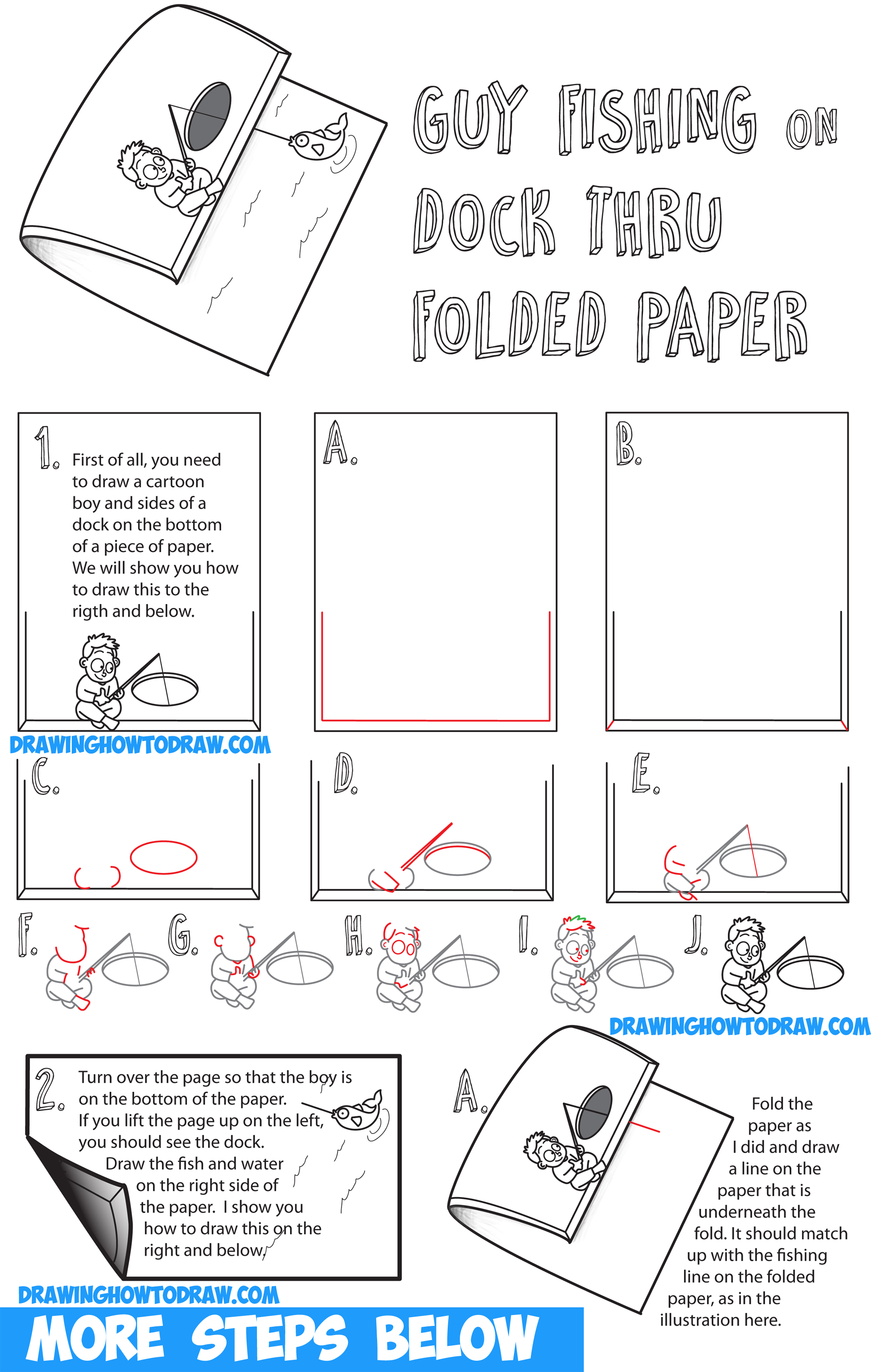 How to Draw Cartoon Boy Fishing on Dock - Optical Illusion with Folded Over Paper - Easy Step by Step Drawing Tutorial for Kids