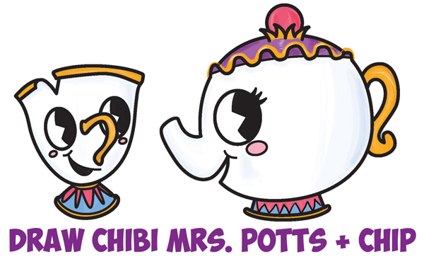 How to Draw a Cute Chip and Mrs. Potts
