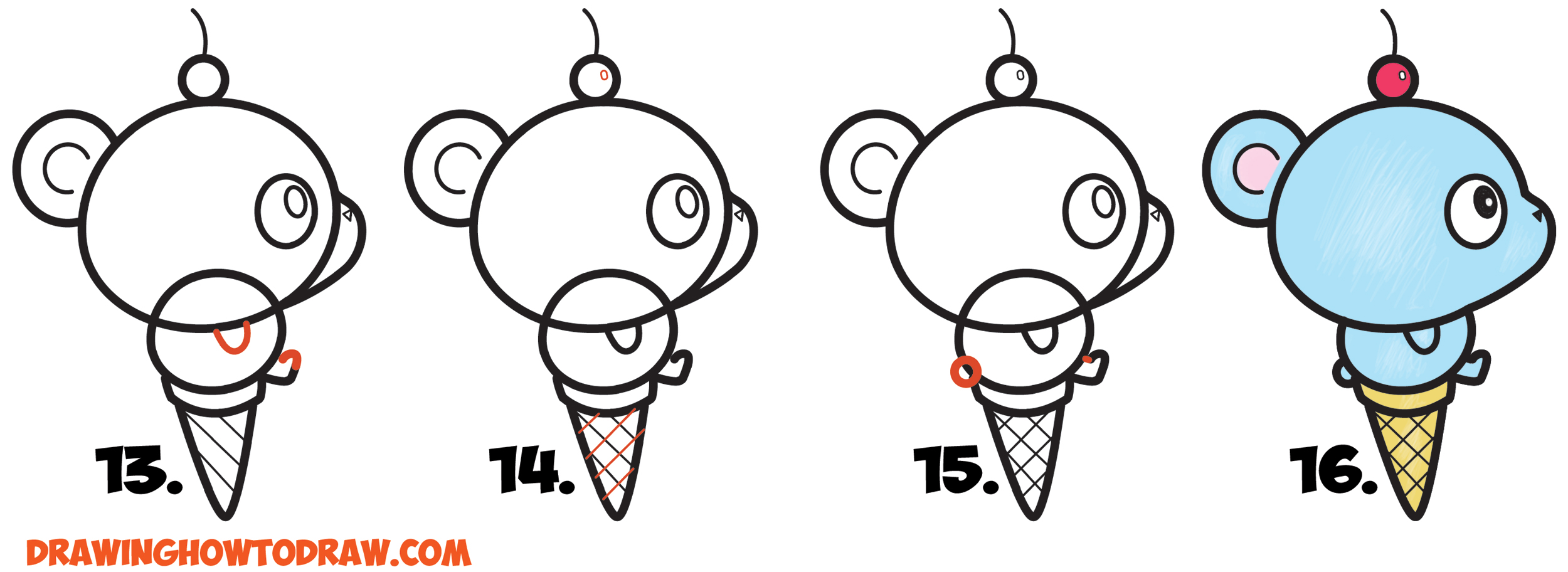 Learn How to Draw Super Cute Cartoon/Kawaii Bear on Ice Cream Cone Simple Steps Drawing Lesson for Children & Beginners