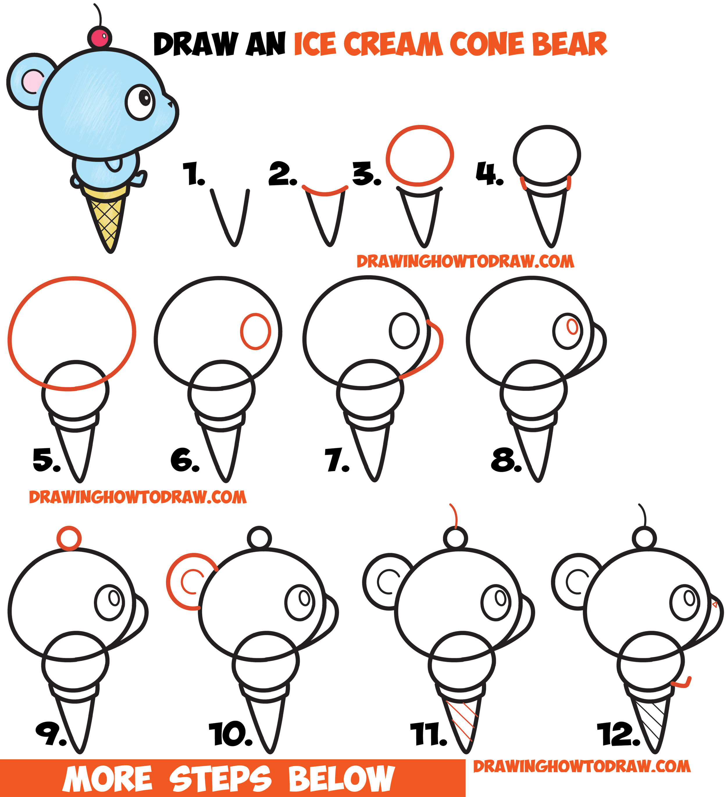 How to Draw Super Cute Cartoon/Kawaii Bear on Ice Cream Cone Easy Step by Step Drawing Tutorial for Kids & Beginners