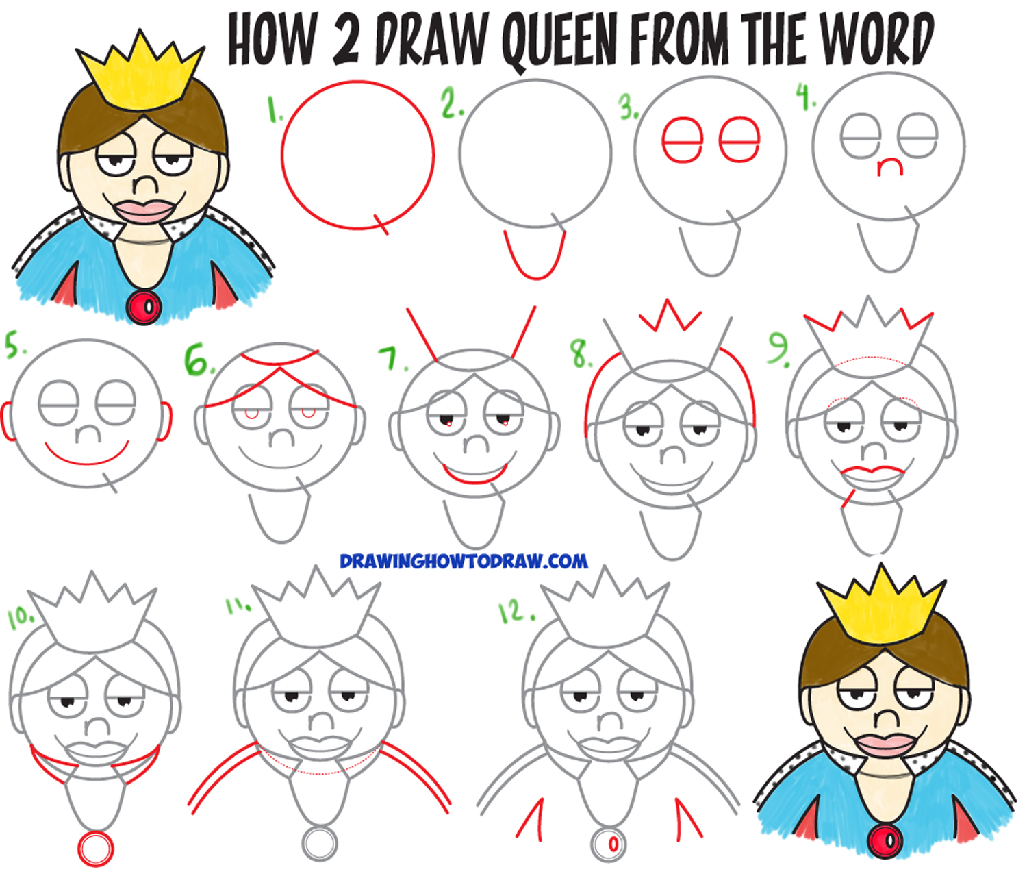 How to Draw a Cartoon Queen from the word "Queen" Easy Step by Step Drawing Tutorial for Kids