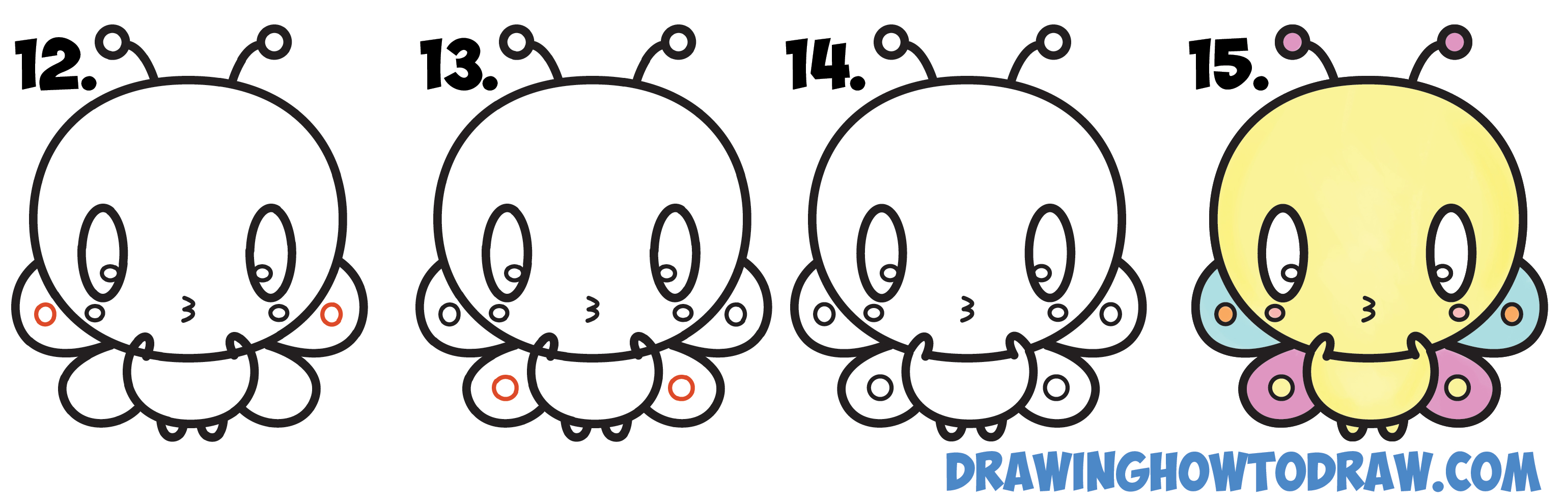 Learn How to Draw Cute Kawaii Cartoon Butterfly Simple Steps Drawing Lesson for Children & Beginners
