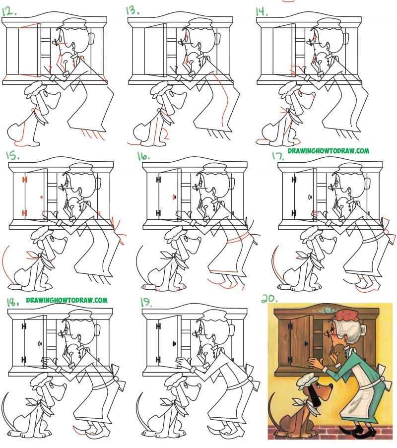 How to Draw Mother Hubbard, the Dog, & the Cupboard Easy Step by Step ...