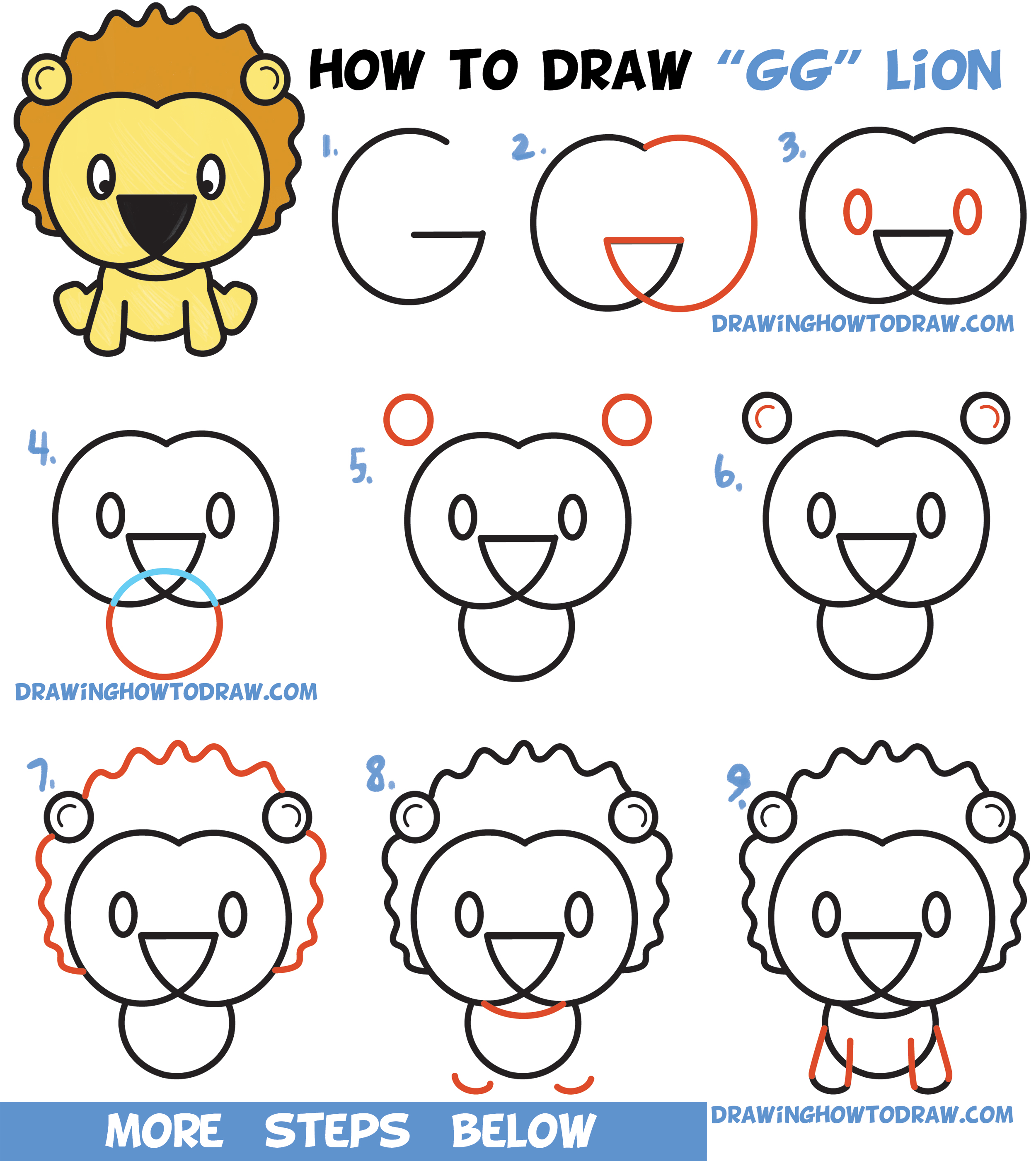 Learn How to Draw a Cute Cartoon Lion from Letters "G" & "G" Easy Step by Step Drawing Tutorial for Kids