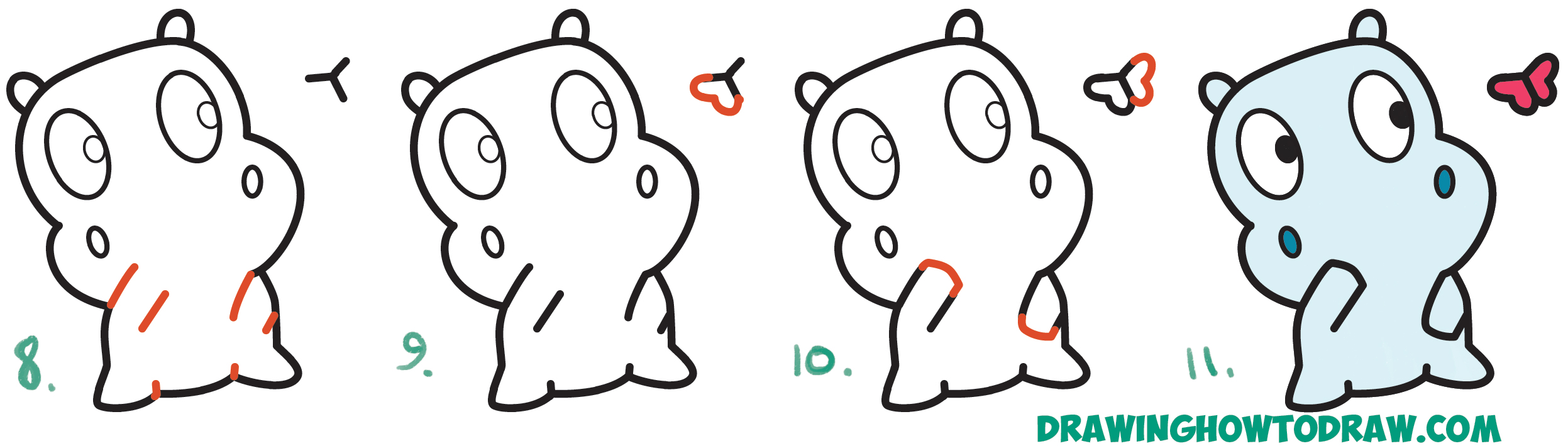 Learn How to Draw a Cute Cartoon Baby Hippo and Butterfly Simple Steps Drawing Lesson for Children & Beginners (Kawaii / Chibi style)