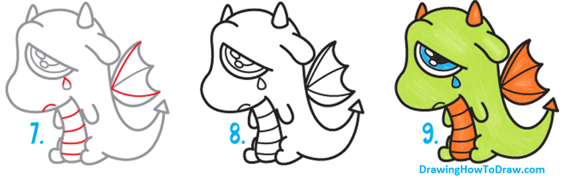 Learn How to Draw a Cute Kawaii / Chibi Cartoon Dragon Crying Simple Steps Drawing Lesson for Children