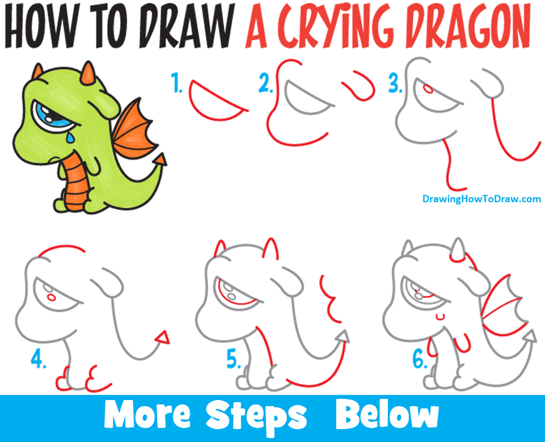 How to Draw a Cute Kawaii / Chibi Cartoon Dragon Crying Easy Step by Step Drawing Tutorial for Kids & Beginners