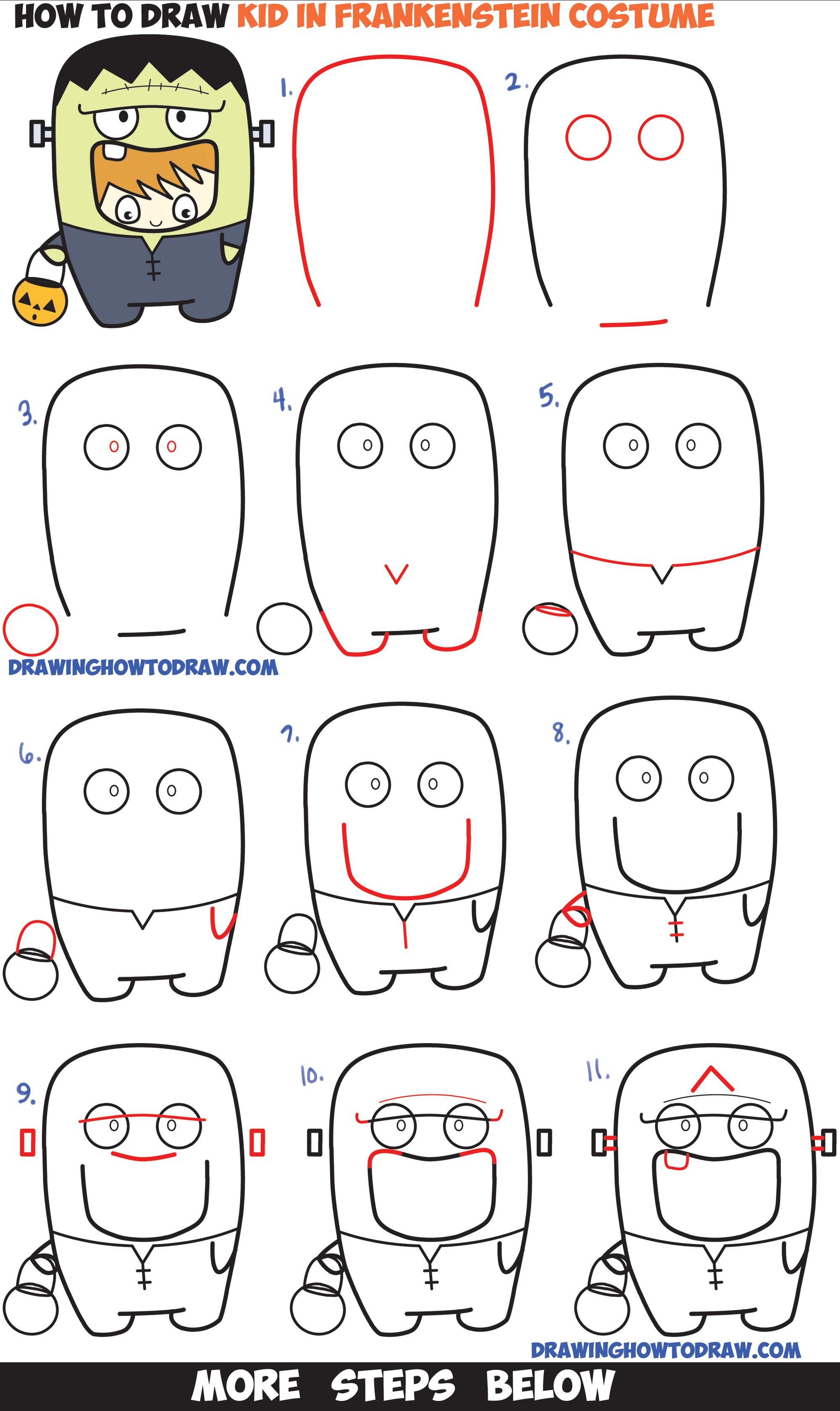 How to Draw a Kid in a Halloween Frankenstein Costume (Cute Kawaii) Easy Step by Step Drawing Tutorial for Kids
