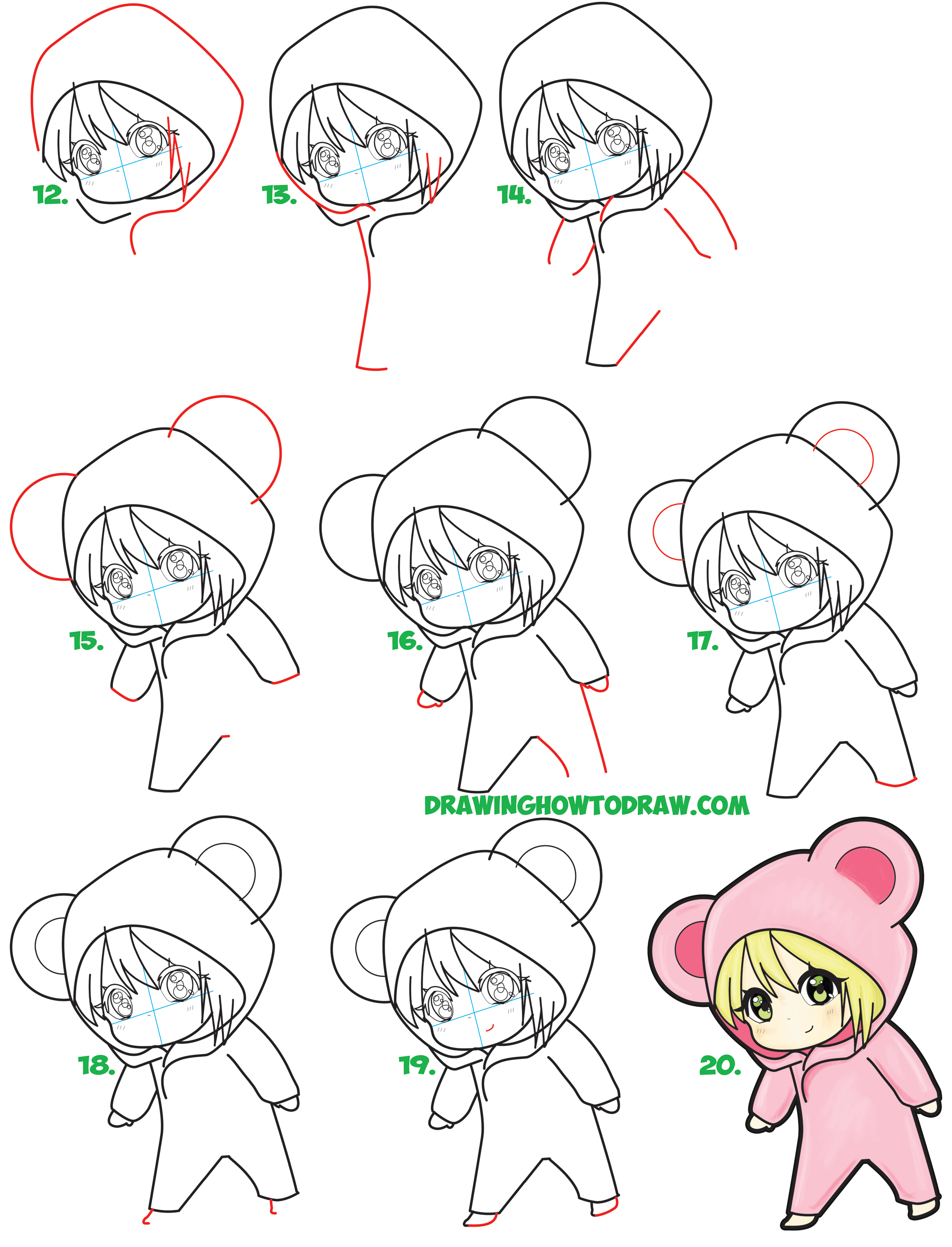 Learn How to Draw a Cute Chibi Girl Dressed in a Hooded Bear Onesie Costume with Easy Steps Drawing Lesson for Kids