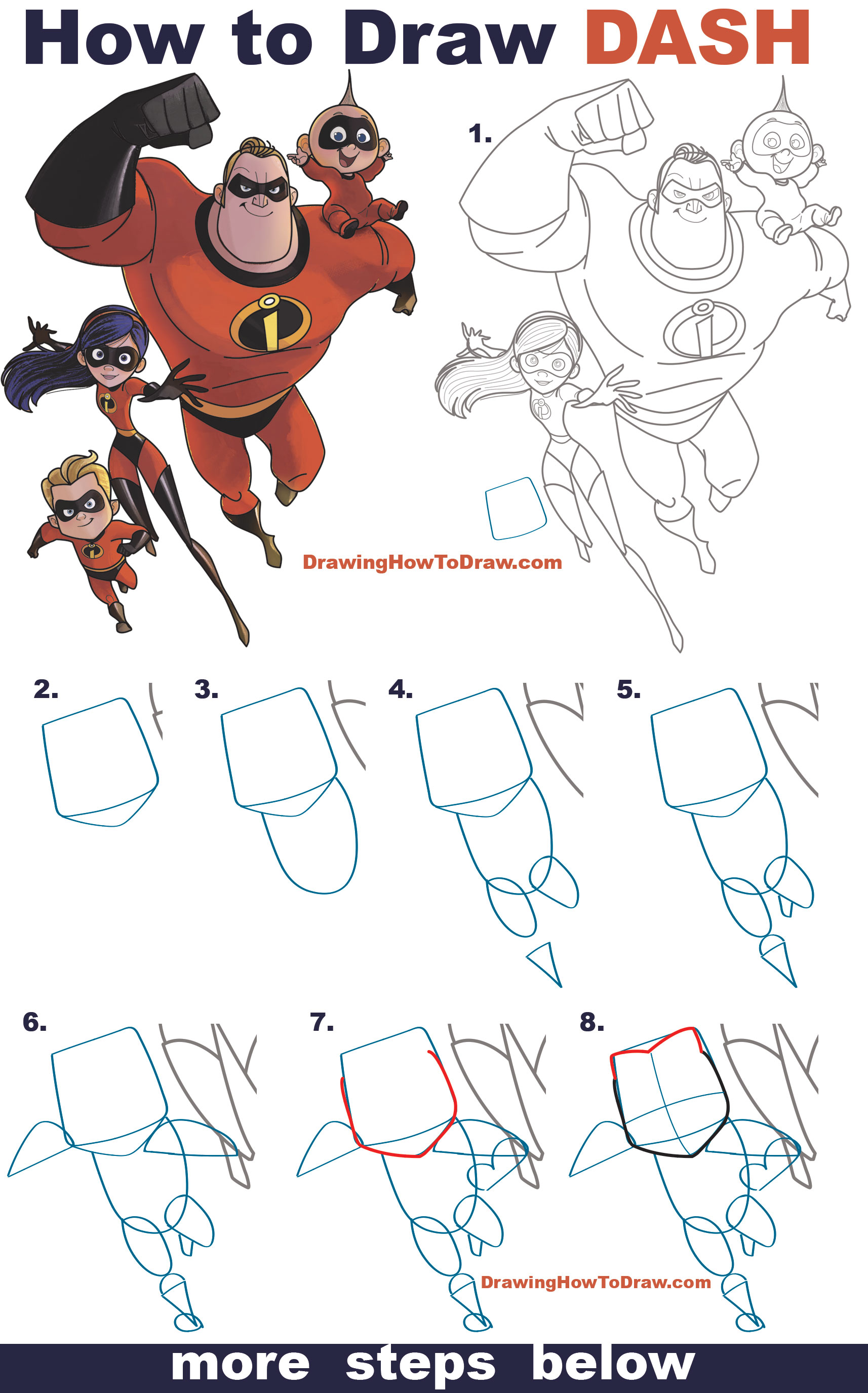Learn How to Dash Parr from The Incredibles (Part 4 of Drawing The Incredibles 2 Family) Easy Step by Step Drawing Tutorial for Kids & Beginners