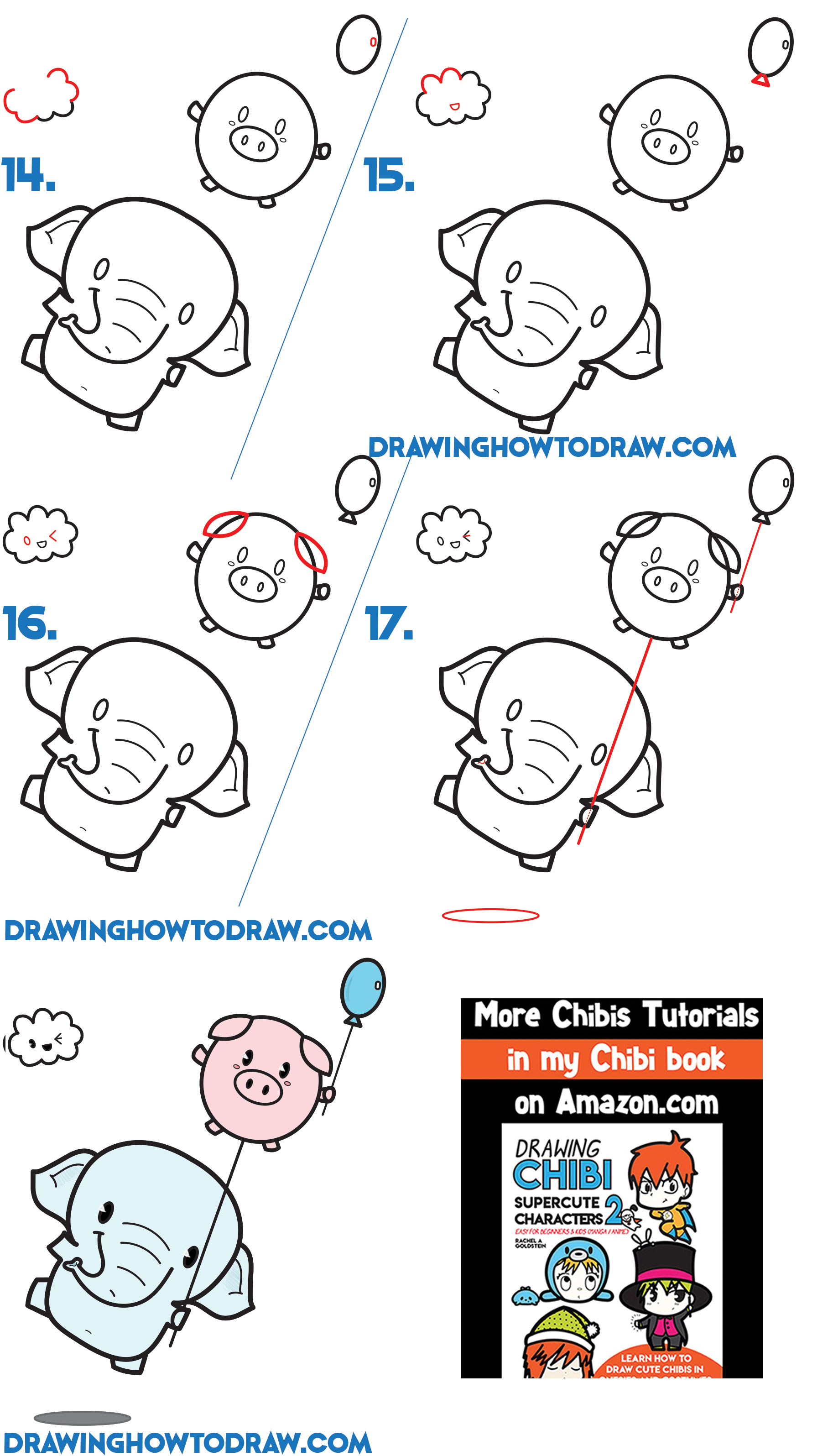Learn How to Draw a Cute Kawaii / Chibi Elephant Holding a Pig Balloon Simple Step by Step Drawing Tutorial for Beginners