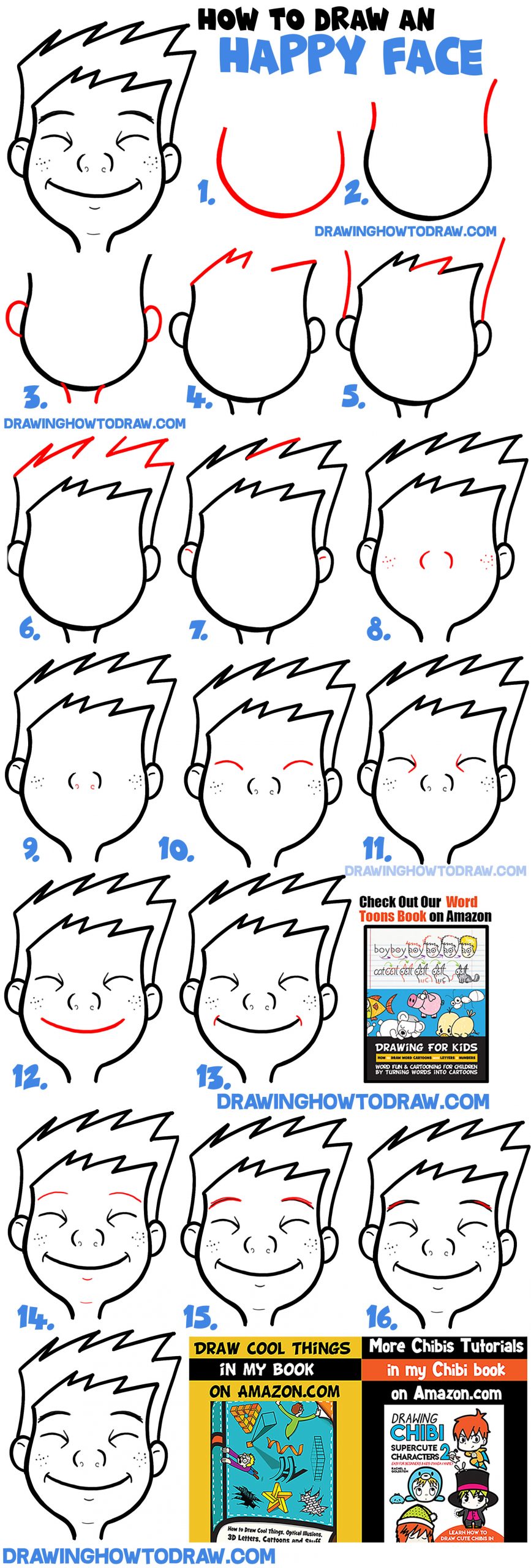 how to draw cartoon smiling happy face - easy step by step expressions