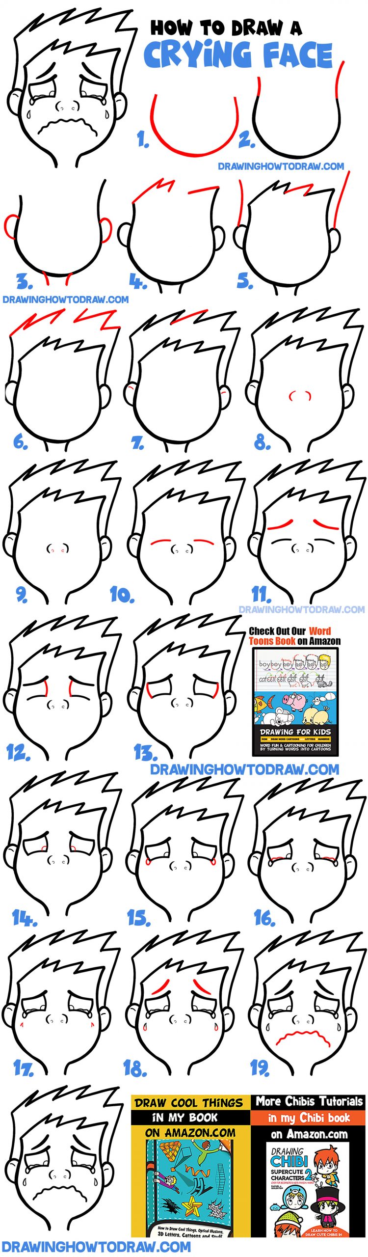 drawing cartoon facial expressions crying sobbing weeping easy step by step lesson