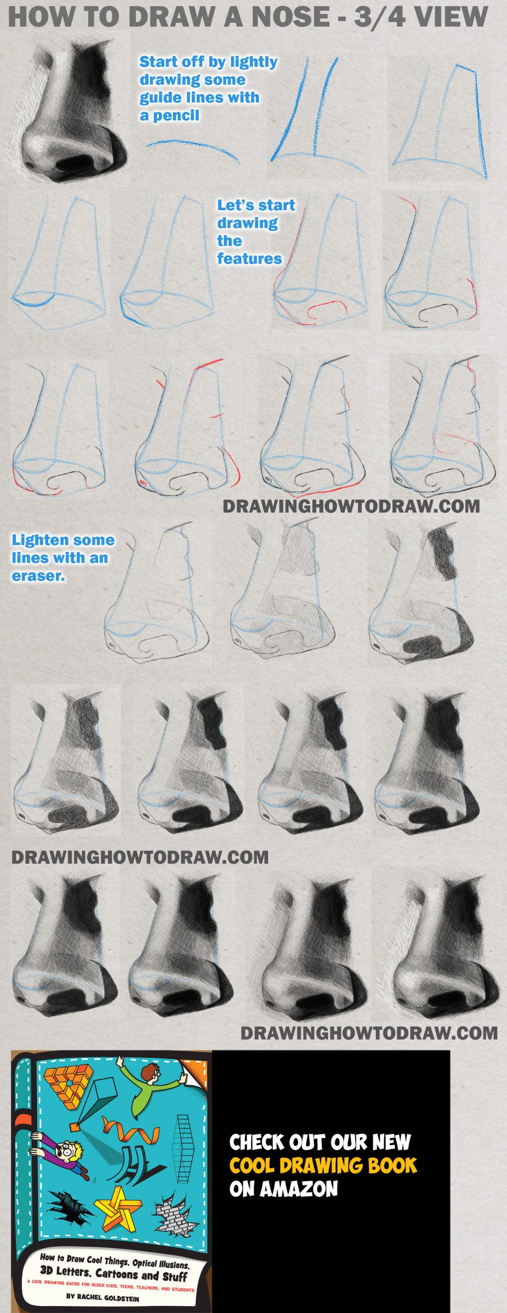 how to draw noses and add shadows to make look real